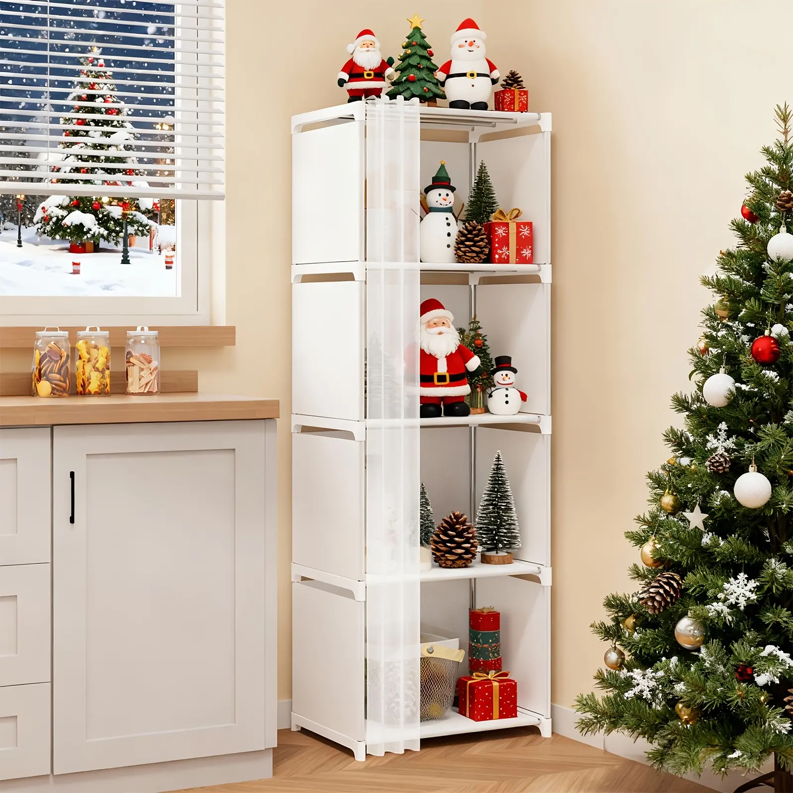 Four-layer/five-layer floor-standing bookshelf storage cabinet, Multifunctional bookshelf, household clothing storage cabinet, multi-functional open shelf, indoor bookshelf, suitable for offices, dormitories and living rooms, black and white color scheme