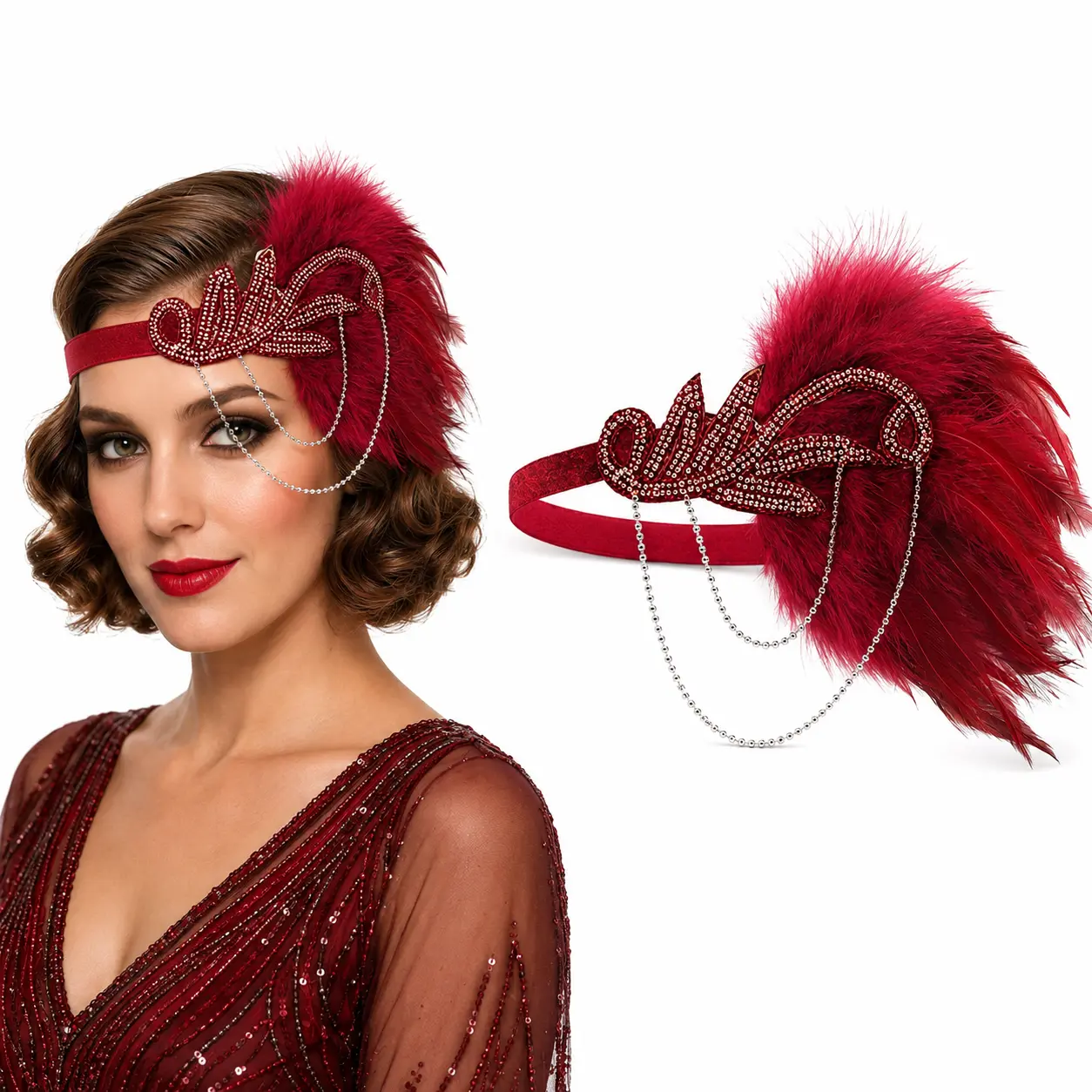 1920s Flapper Headband for Women, Black Feather Rhinestone Headpiece with Draped Chains, Great Gatsby Costume Hair Accessory for Roaring 20s Party, Prom & Vintage Dress Up