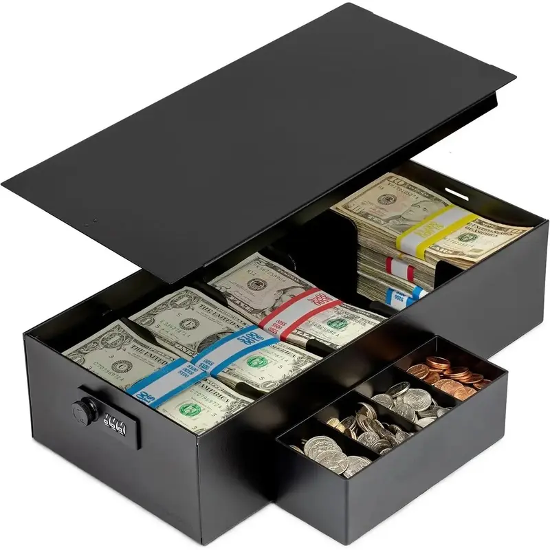 Black Cash Drawer Organizer - 15x7.5x4 in, 5-Compartment Tray, Bill Slot, Combination Lock for Retail POS Register, Personal Use
