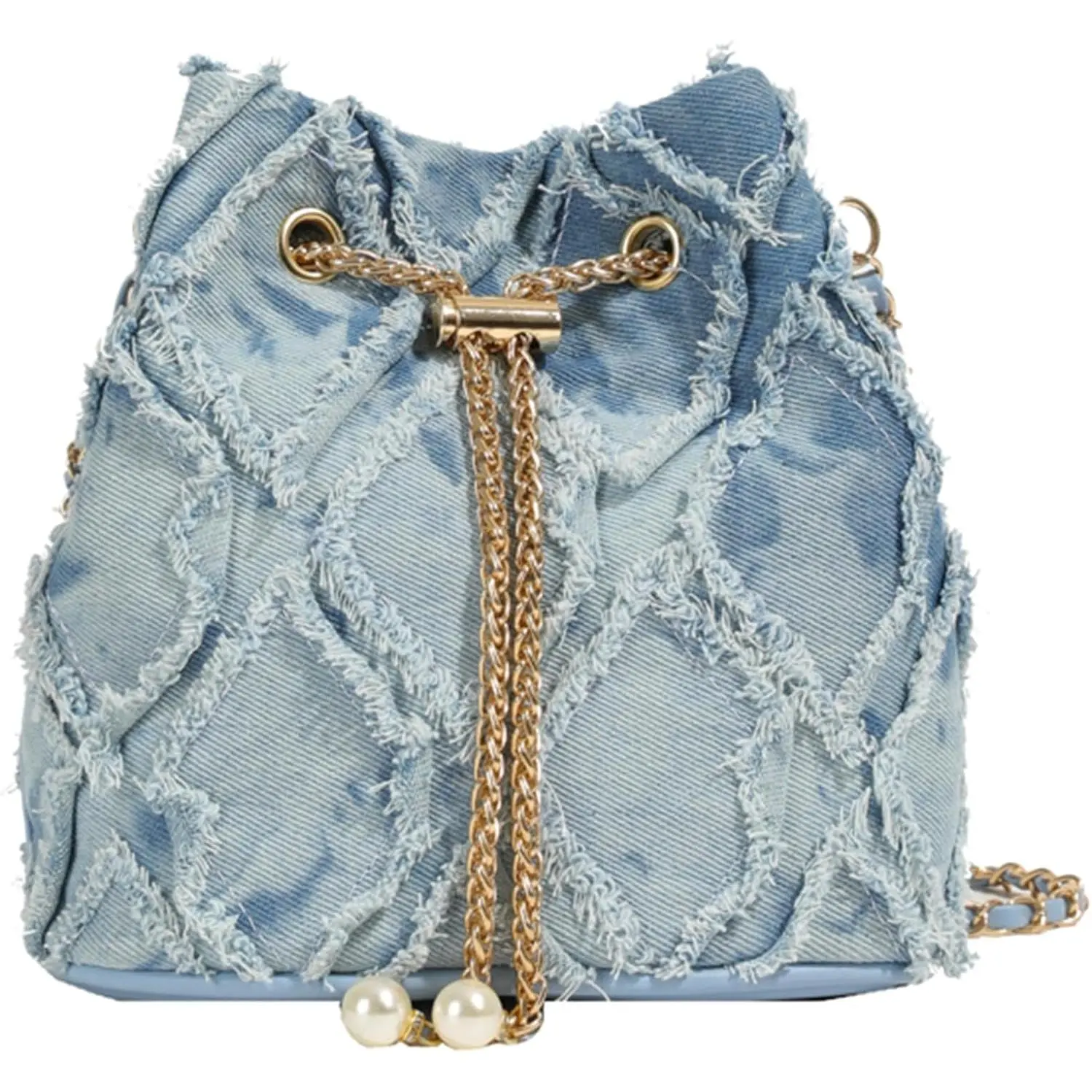 Women's Quilted Denim Bucket Bag - Fashion Crossbody Handbag, Denim Shoulder Bag, Bucket Shape, Drawstring Top, Crossbody Strap, Clutch Hobo Design