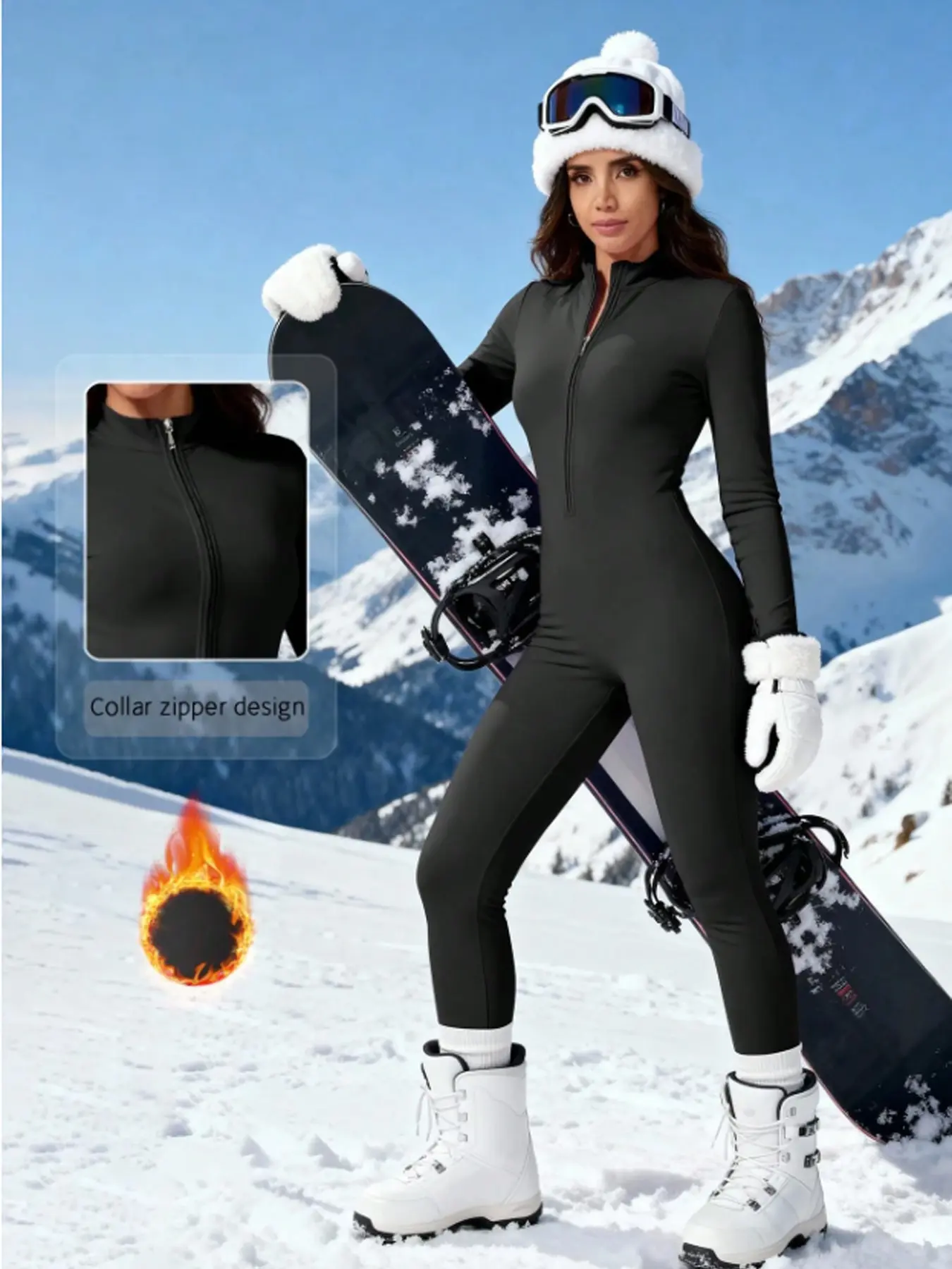Women’s One Piece Ski Bodysuit, Long Sleeve Full-Length Tight Thermal Base Layer, Front Zipper Tummy Control Heat Retaining Onesie, Ideal For Winter Sports, Gym Training And Pilates