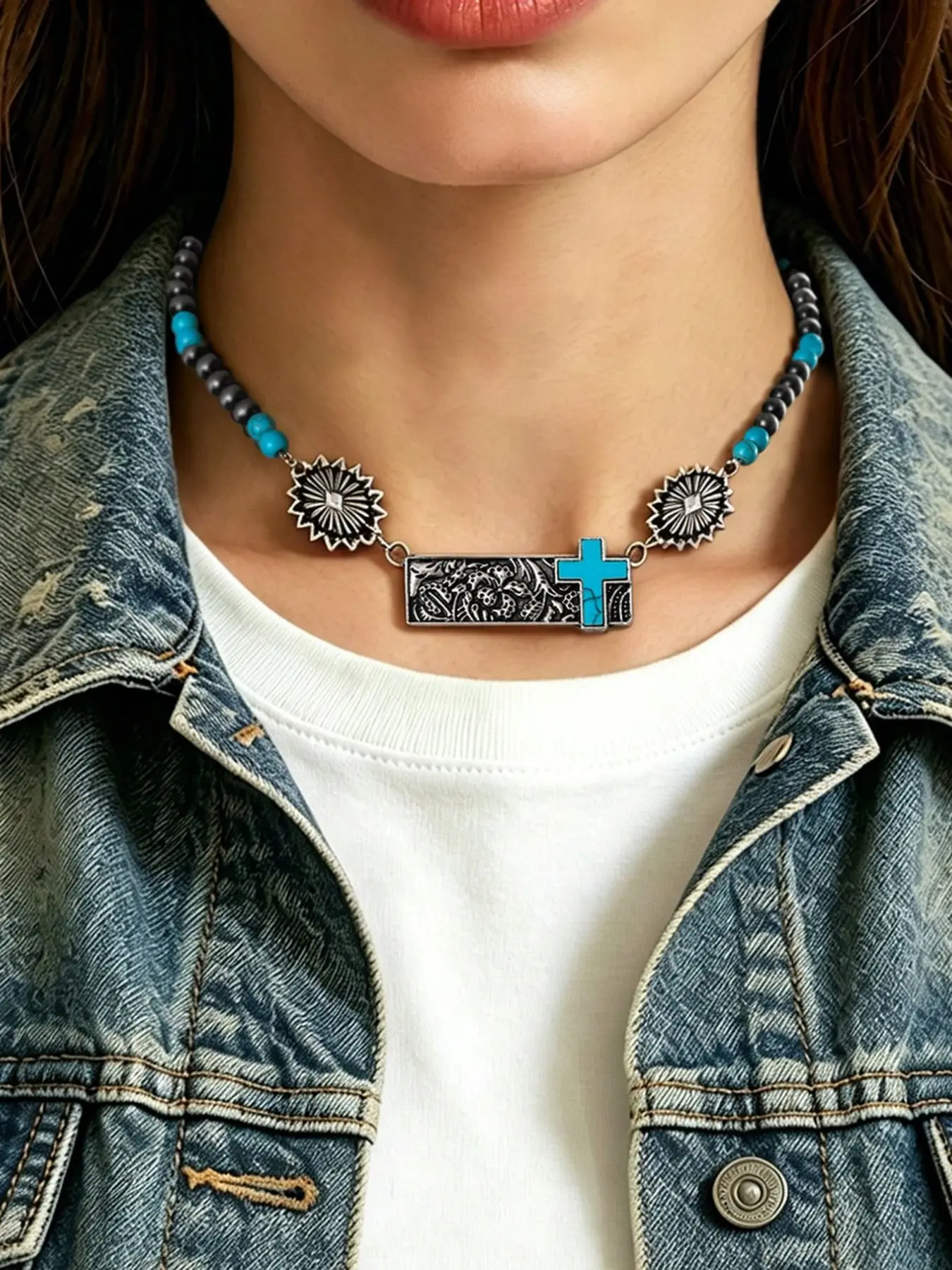 Western Cowboy Style Turquoise Cross Beaded Necklace, Vintage Antique Silver Color Tribal Collar Chain, Bohemian Unique Neckpiece