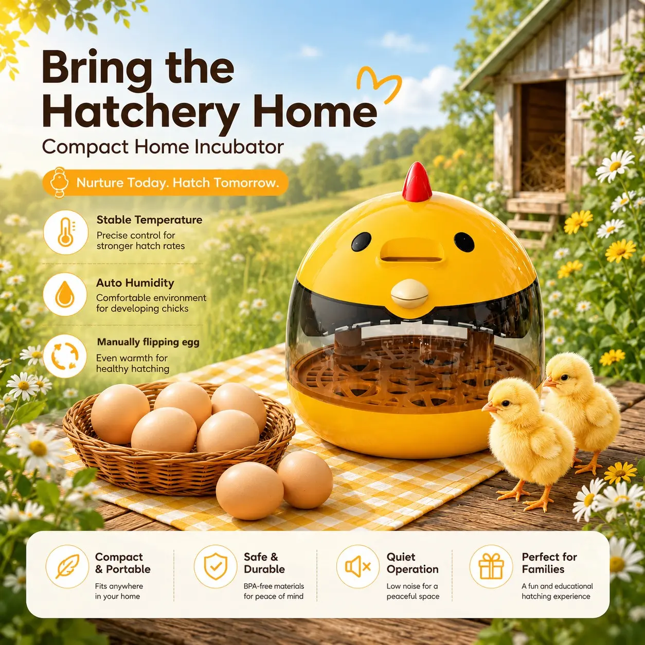 Home Use Compact Small Chicken Duck Goose Egg Incubator, Automatic Water Addition, Humidity, Smart Temperature Control, 5 Eggs Incubator