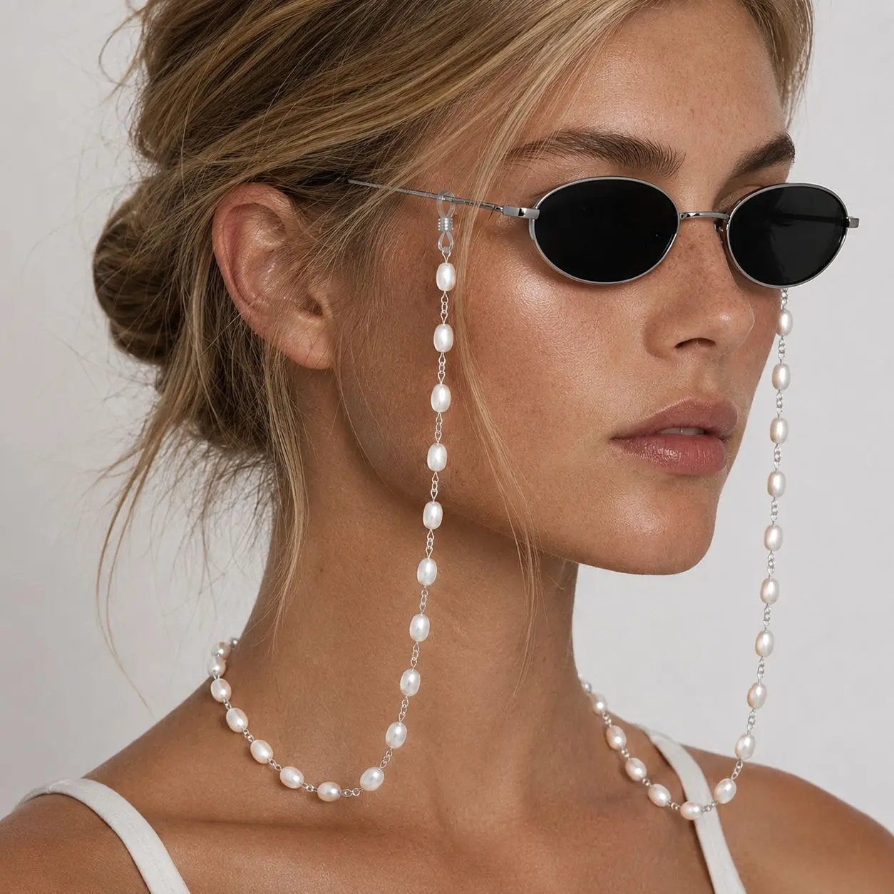 Female Pearl Eyeglass Chain - Elegant Beaded Glasses Strap with Anti-Slip Silicone Holders, Classic Look, Durable Construction, Easy Reach Hanging Sunglasses Accessory for Daily Wear, Travel, Firm, Fashion, Keeps Glasses Secure, Lightweight Design, Over T