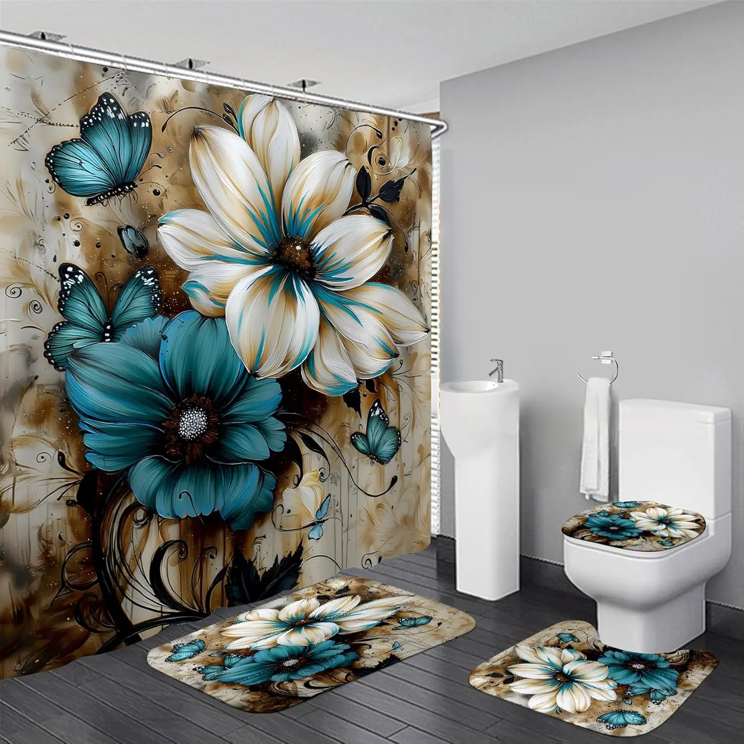 Polyester Waterproof Floral Shower Curtain Set with Hanging Accessories, Artistic White and Blue Painted Flowers, Butterfly Bathroom Rugs, and Storage Bag