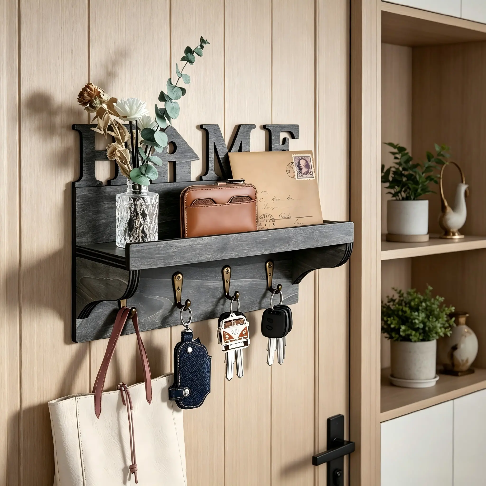 Rustic Wooden Key Holder, Decorative Key Hook, Wall-Mounted Letter Hook, Wall Organizer Shelf, Wooden Shelf for Wall, Entryway Storage Rack with Hooks and Shelves, Home Decor Organizer