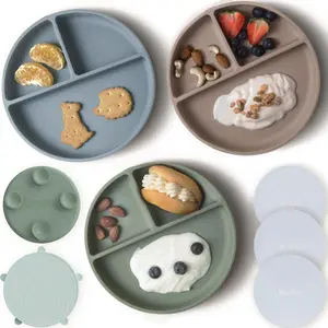 Suction Plates  Baby |   100% Silicone BPA-Free Baby Plates with Lids and Food Cover |   Divided Design |   Microwave and Dishwasher Safe |   Toddler Plates 3 Pack