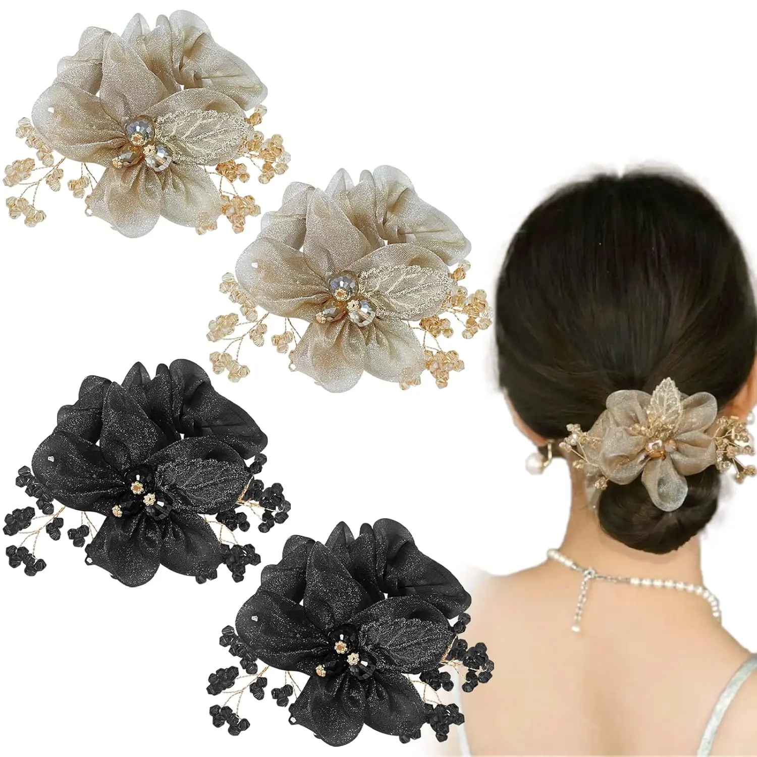 4 Pcs Flower Leaf Elastic Hair Ties Crystal Ponytail Holders Rhinestone Hair Scrunchies Hair Rubber Bands Ropes Hair Accessories Women Girls