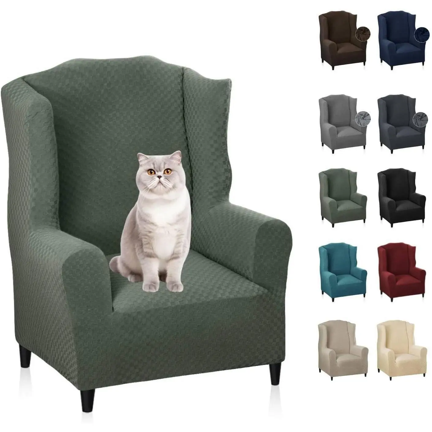 Wingback Chair Covers 1-Piece Stretch Wing Chair Covers Soft Thick Wingback Armchair Slipcover Non-Slip High Back Chair Furniture Protector Washable (Wing Chair, Army Green)