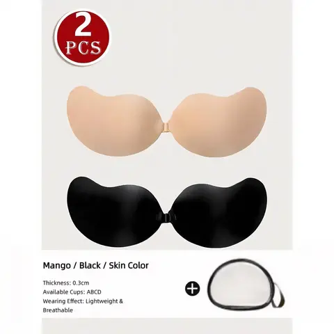 Women's 2-Piece Push Up Adhesive Bras - Mango-Shaped Non-Stretch Polyester Fabric, Silicone Sticky Pasties, Invisible Backless, Plain Finish Blends with Any Outfit, Seamless Look for Wedding, Valentines Day