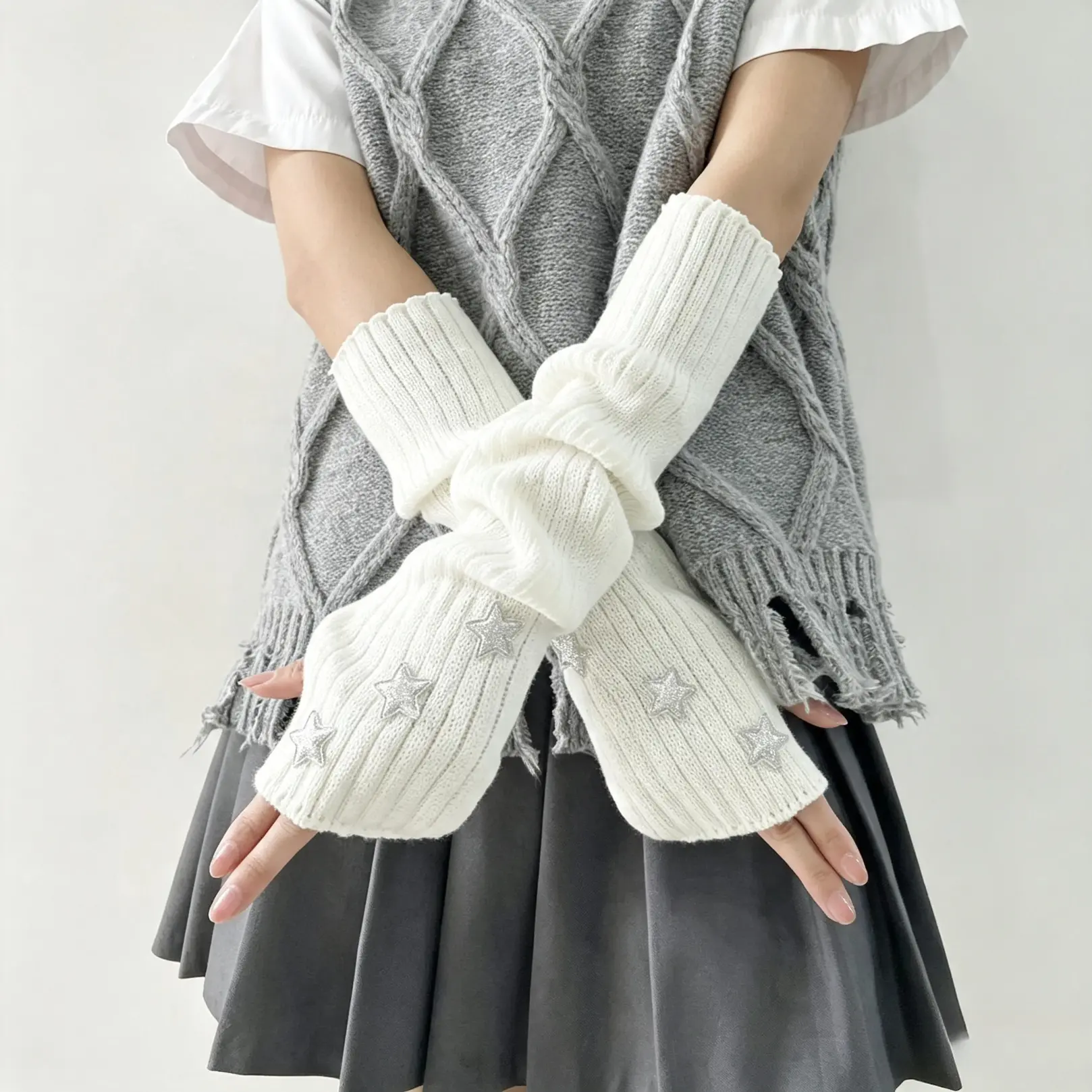 Women’s 1 Pair Star Embellished Knit Fingerless Arm Warmers, Slouchy Long Sleeve Cuffs, Y2K Streetwear Accessories For Daily Outfit Matching In Spring, Autumn And Winter