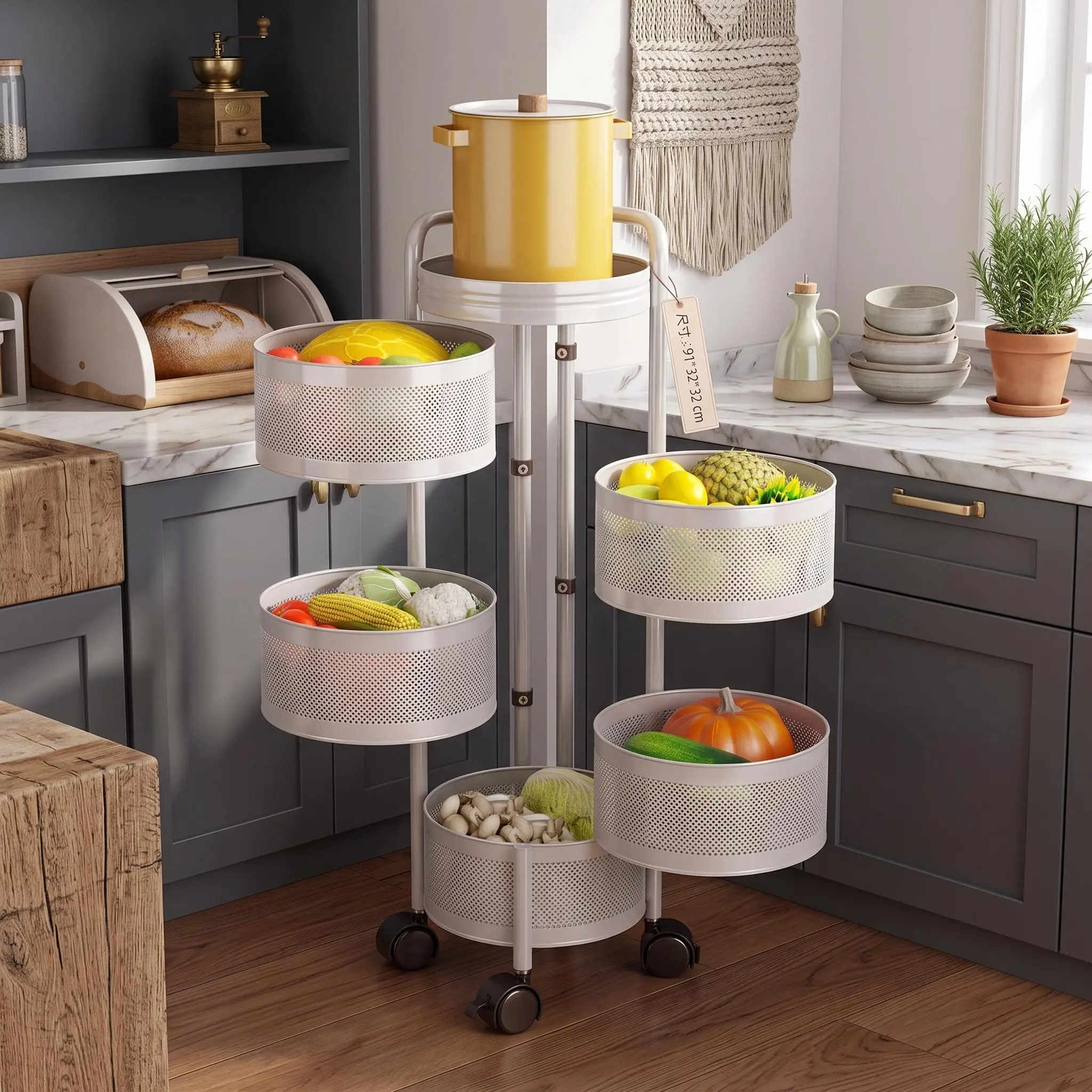 Rotatable 4-Tier Carbon Steel Rolling Storage Cart with Lockable Casters, Detachable Washable Mesh Baskets & Magnetic Cover, Multi-Purpose Fruit Vegetable Organizer