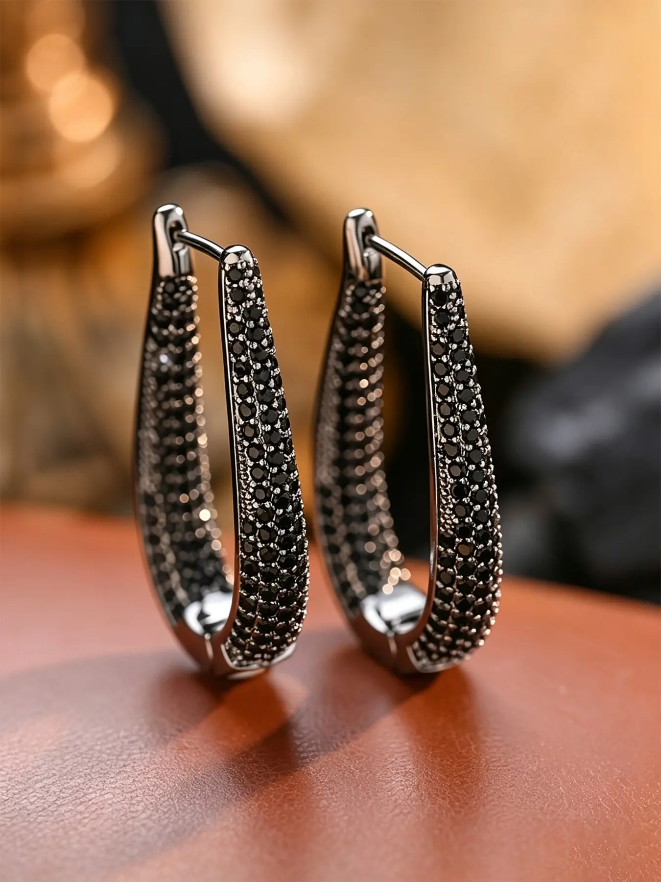 1 Pair Teardrop Hoop Earrings, Full Paved Black Cubic Zirconia Oval Huggie Earrings, Trendy Dark Style Statement Dangle Ear Jewelry For Women Daily Club Party Accessories