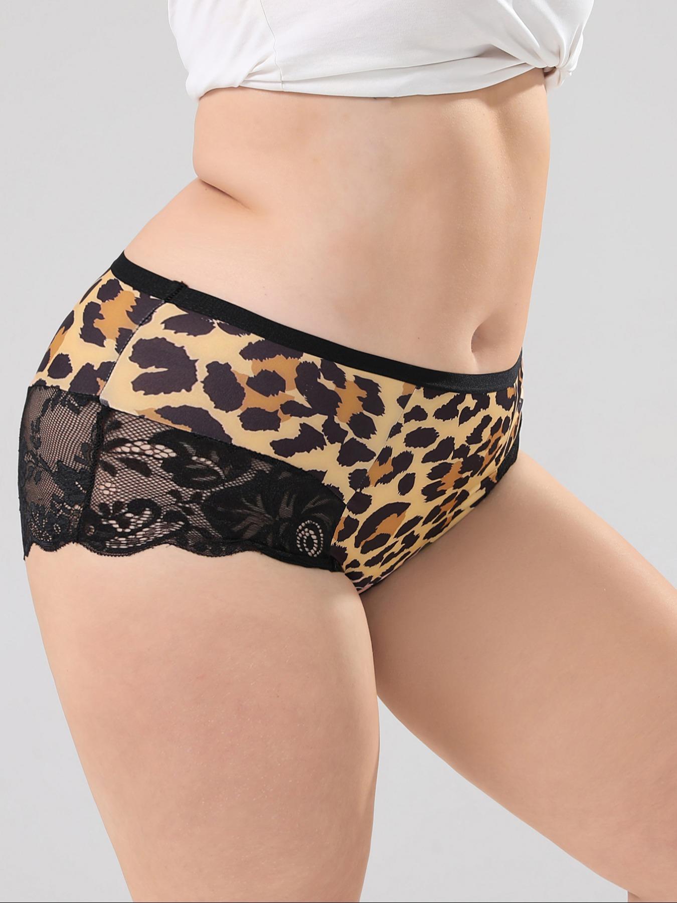 [Plus Size] Solid / All Over Print Leopard Contrast Lace Panty, Breathable Comfortable Panties for Daily Wear, Women's Underwear for All Seasons, Soft Stylish Brief