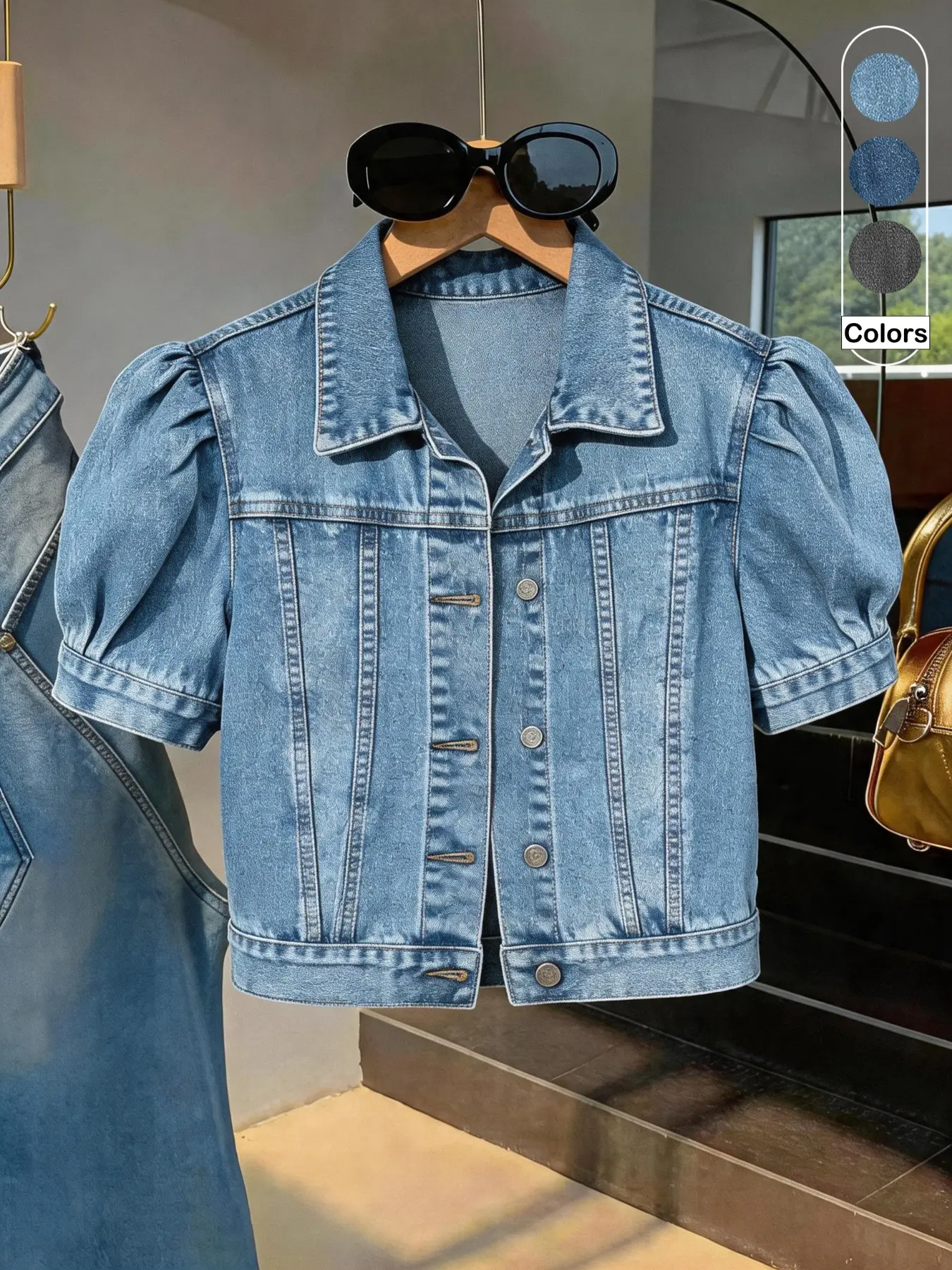 Women's Vintage Short Bubble Sleeve Collared Denim Jacket Coats, Casual Chic Outerwear, Versatile Single Button High Waist Crop Top, Essential Casual Fashion for Summer Commute & Leisure