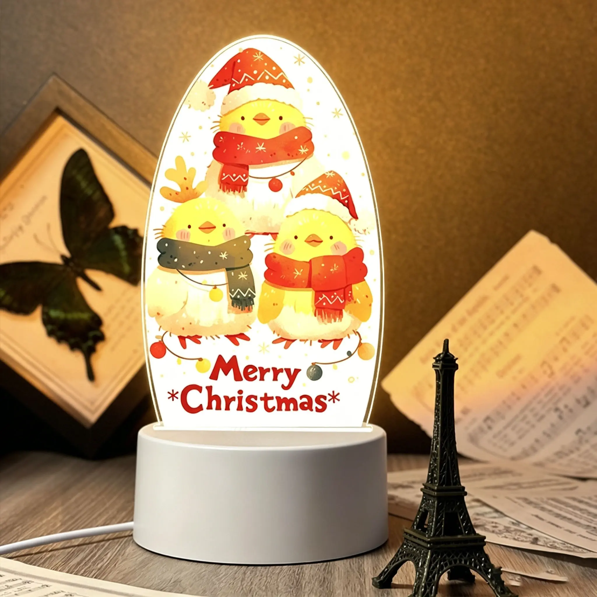 Vintage Chicken Christmas Night Light USB, Warm Glow with Switch Control, Cute Chicken with Santa Hat and Scarf, Pluggable Room Decor