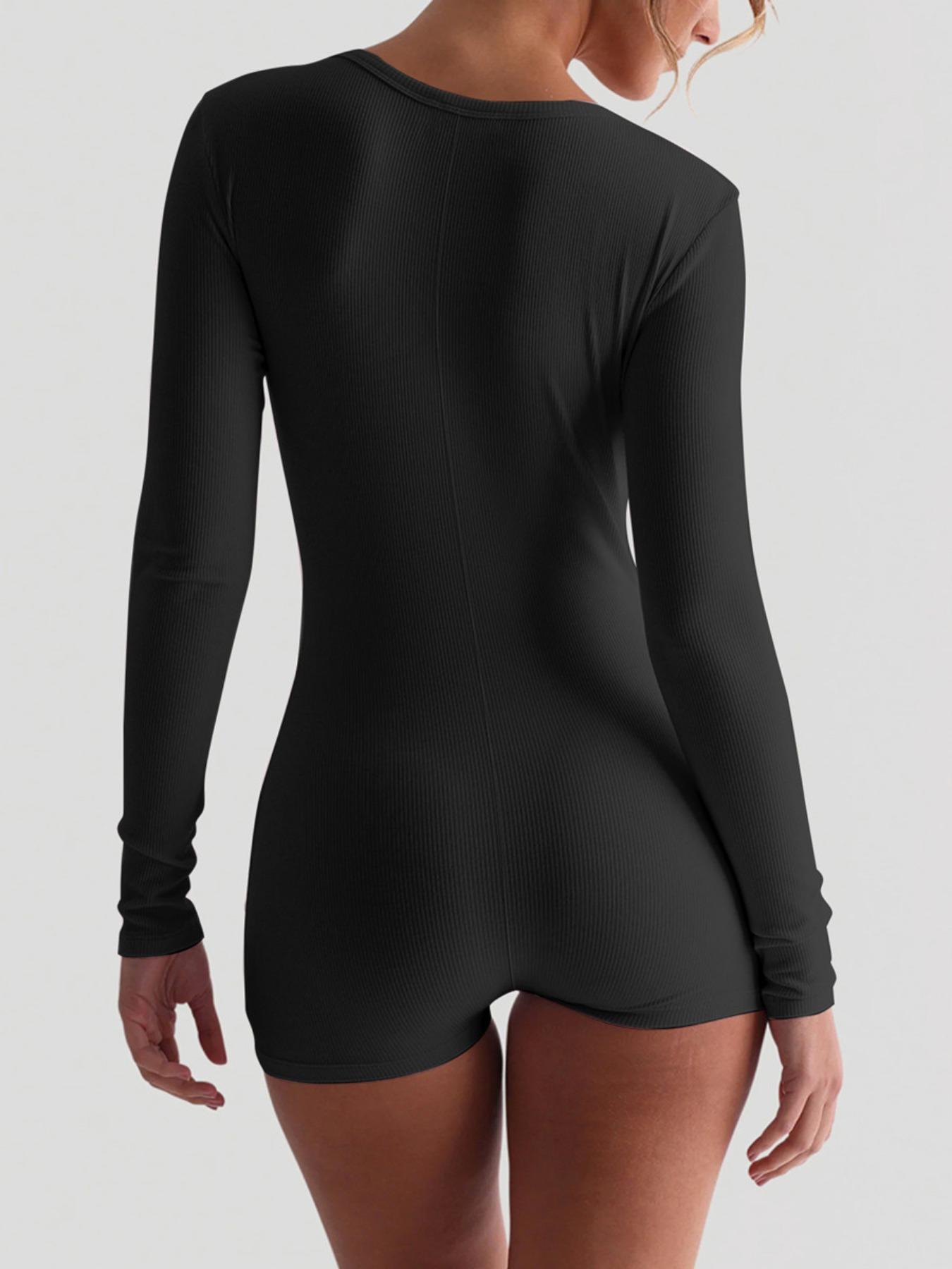 Women's Plain Button Front Ribbed Romper, Casual Long Sleeve Skinny Romper for Spring & Fall, Women's Clothes for Daily Wear, Womenswear