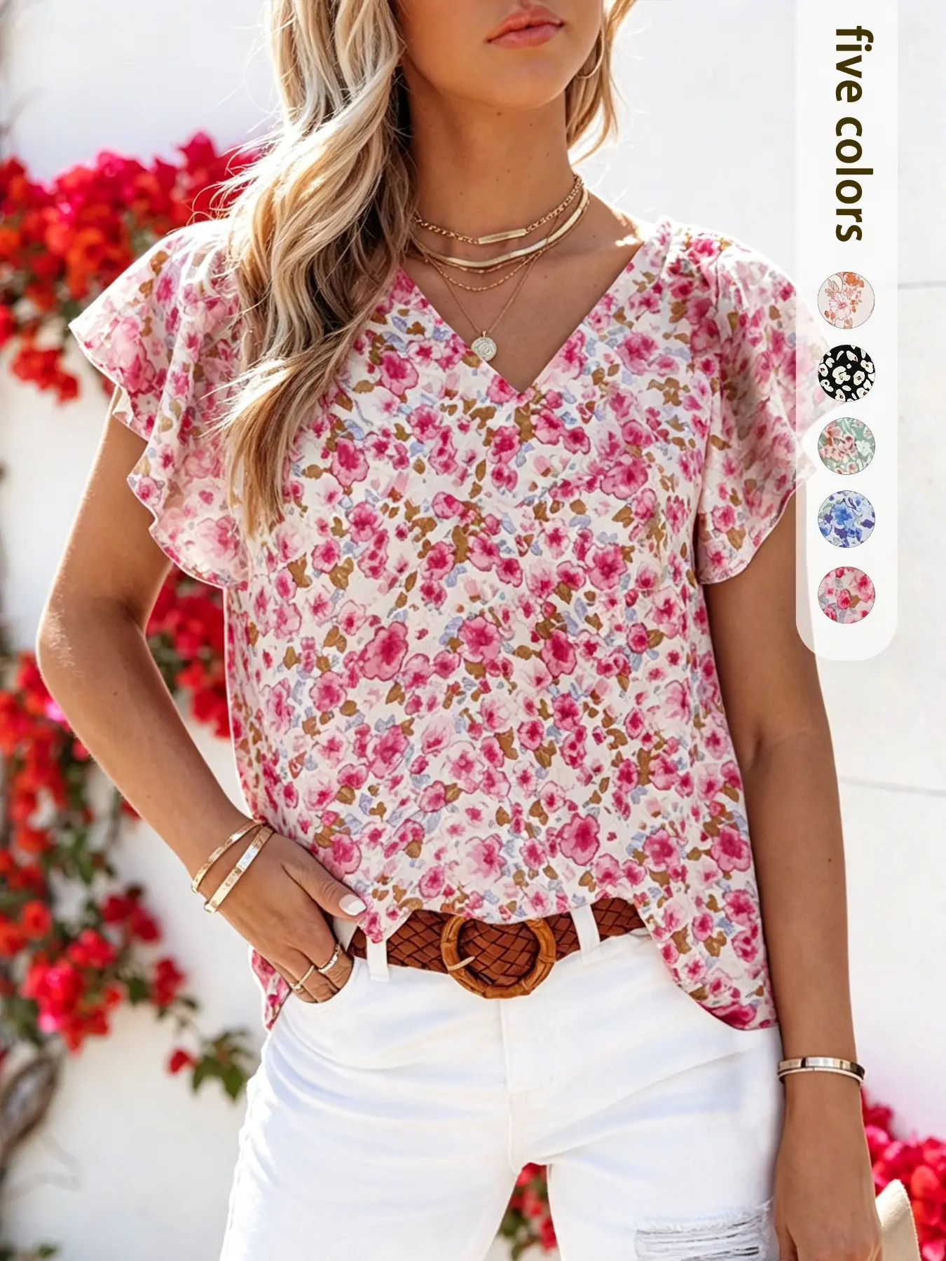 Women's Casual Floral Pattern V Neck Ruffle Short Sleeve Shirt Blouse, Elegant Summer Top, Fashion Print Hoodie/jumper for All Seasons