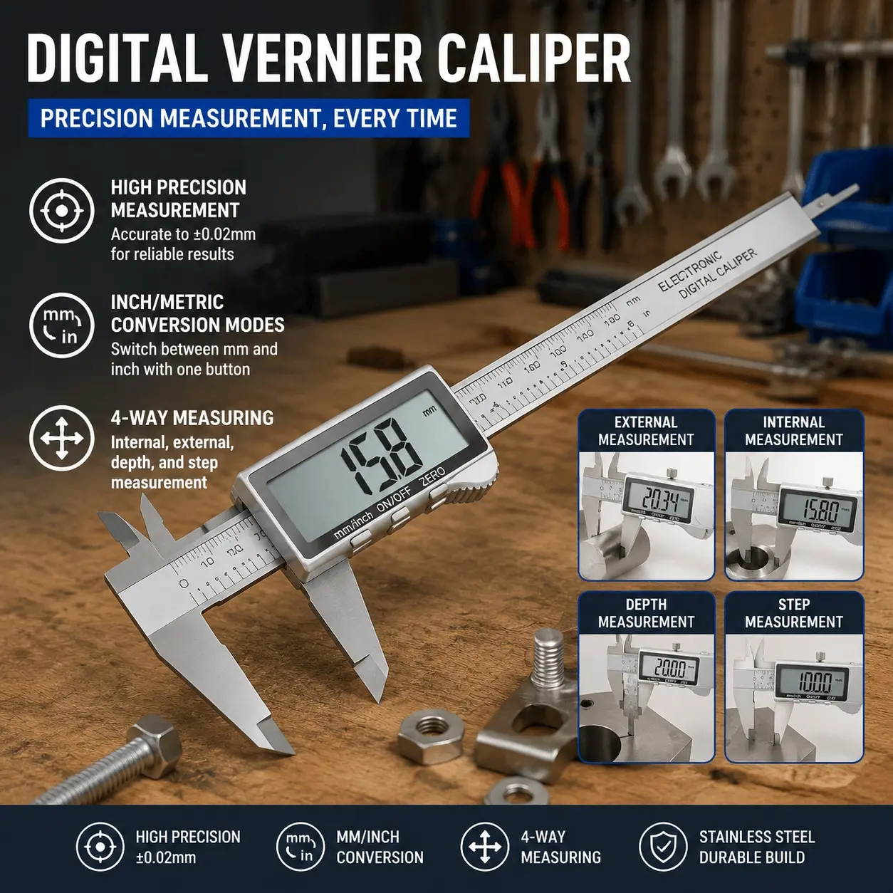 0-150mm Digital Caliper - High Precision Electronic Vernier with LCD & Auto-Off. Lightweight ABS Design for DIY, Crafting & Workshop. Measures Inside, Outside & Depth with Easy Unit Conversion. Essential Tool for Home & Professionals.
