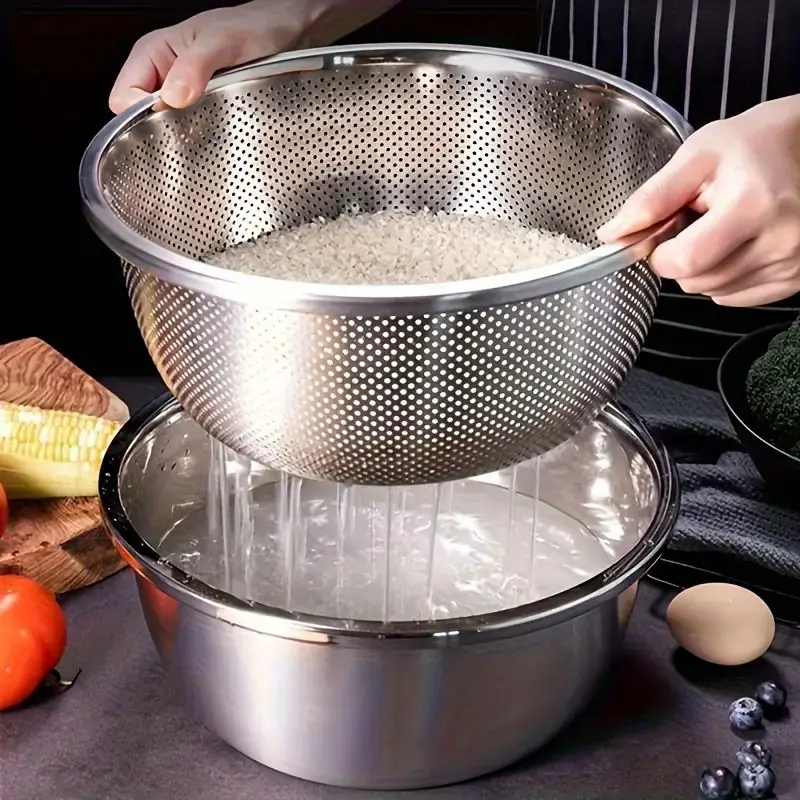 2pcs Kitchenware Stainless Steel Micro-Pore Filter Bowl Set – Food Colander Kitchenware Multi-Purpose Kitchen Colander & Mixing Basin for Washing Veggies, Fruits, Rice & Draining Pasta | Extra-Thick Large Capacity, Dishwasher Safe & Rust-Proof