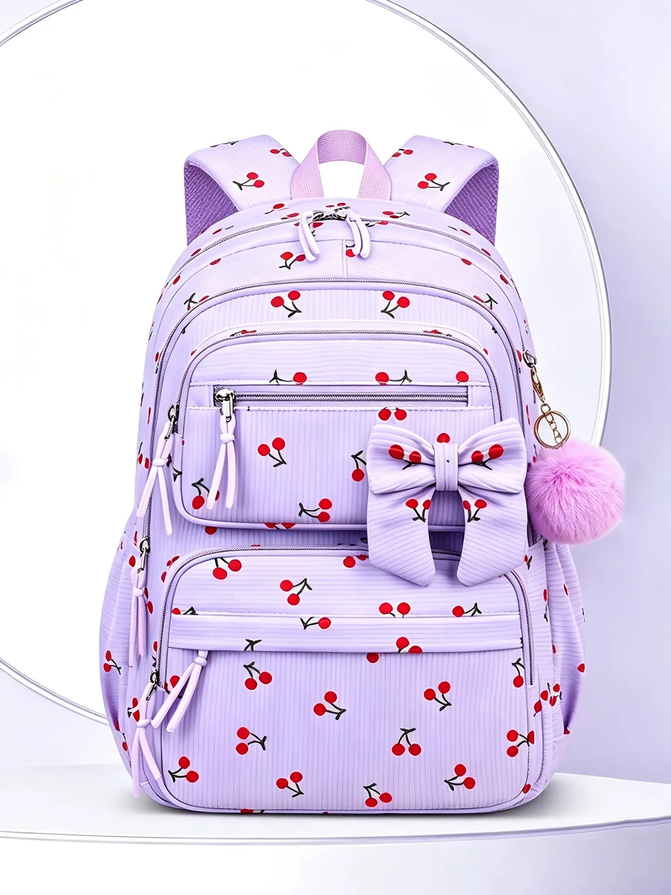 1 Piece Cherry Print Vertical Striped Backpack Bow Ornament Fluffy Pom Pom Pendant Multi-Layer Zipper Compartments Padded Adjustable Shoulder Straps Large Capacity Daily Casual Printed Backpack for Campus Study Daily Commute Weekend Outdoor Trip