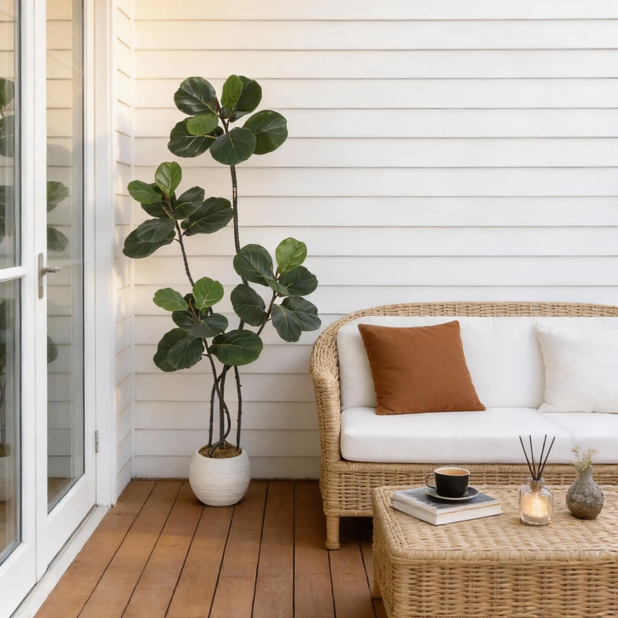 5/6/7FT Faux Fiddle Leaf Fig Tree Artificial Plant, Realistic Rubber Leaves with Bendable Boughs, s-Shape Trunk in Modern Cement-Filled Planter, No Maintenance Home Office Decor
