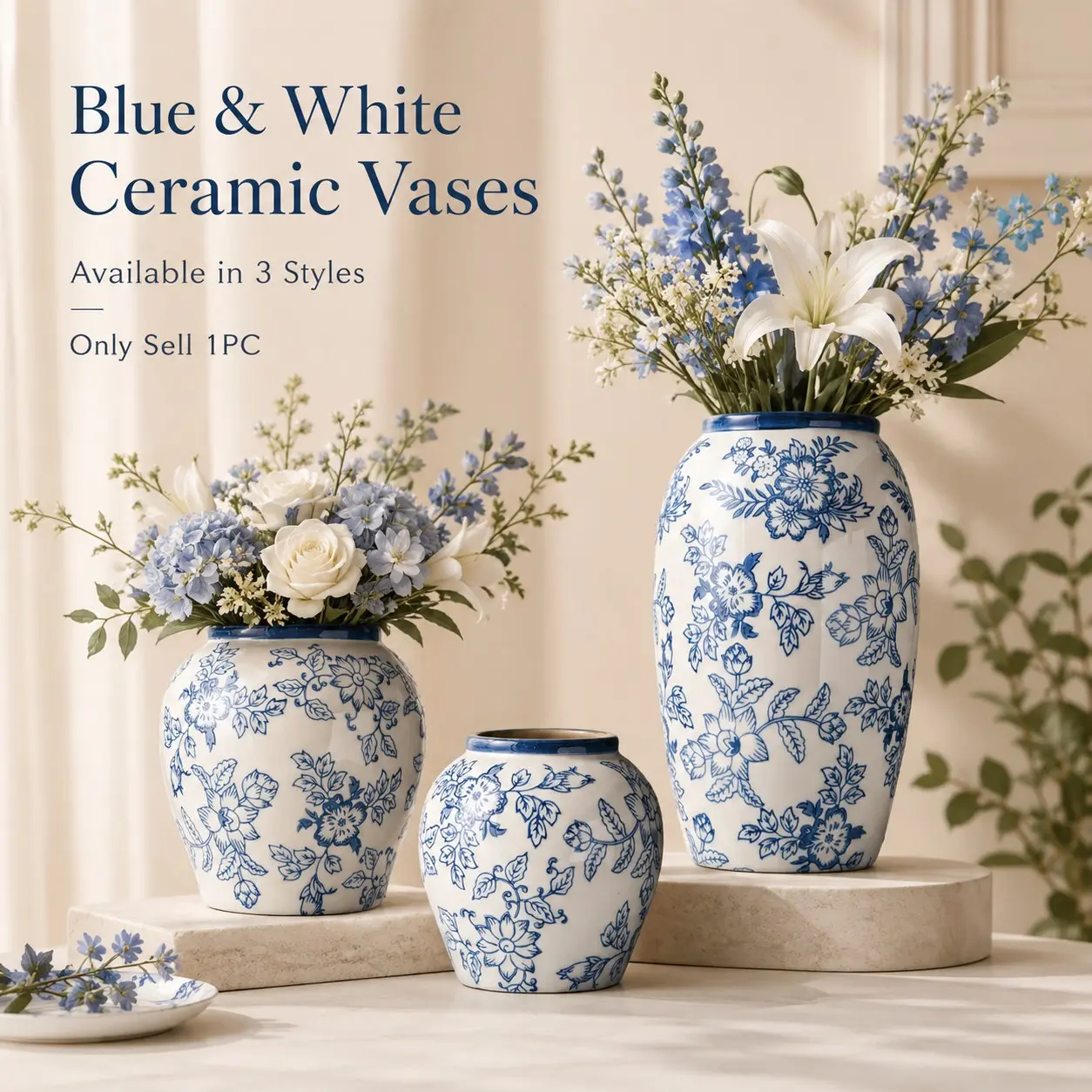 New Traditional Style Blue Hand-Painted Floral Ceramic Vase, Waterproof Glossy Surface, Home Decor, Desktop Arrangement, Gift Item