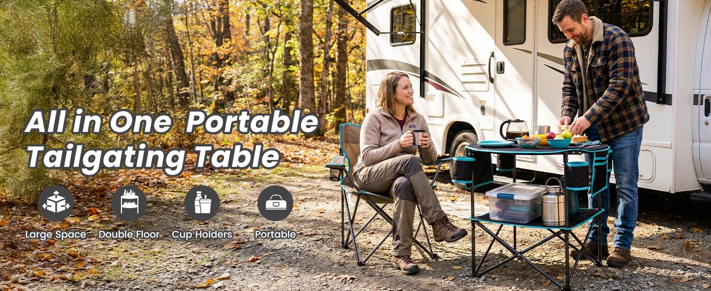 All in One Tailgate Table, Portable Beach Table with Cup Holders, Camping Table Foldable with Side Pockets Carry Bag for Camp Outdoor Sand Beach Picnic Fishing Tailgating Essentials