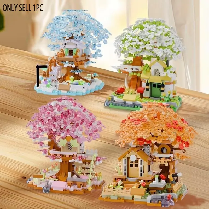 690pcs Romantic Four-Color Sakura Tree House Building Blocks Set, Creative Building Blocks, Abs Material, DIY Toy, Living Room Decoration, Perfect Gift for Holidays