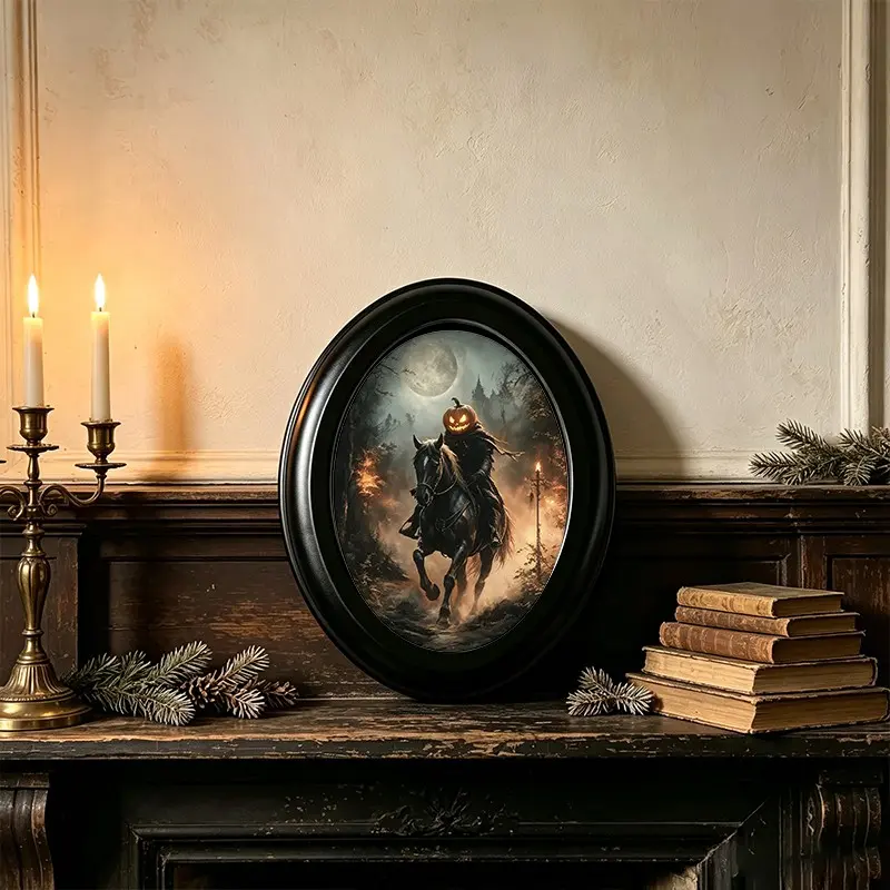 Large Vintage Oval Photo Frame, Halloween Pumpkin Knight Art Wall Decor, Gothic Characters and Animals, 6.8 * 8.7 Inches, Ideal for Home and Party Decor