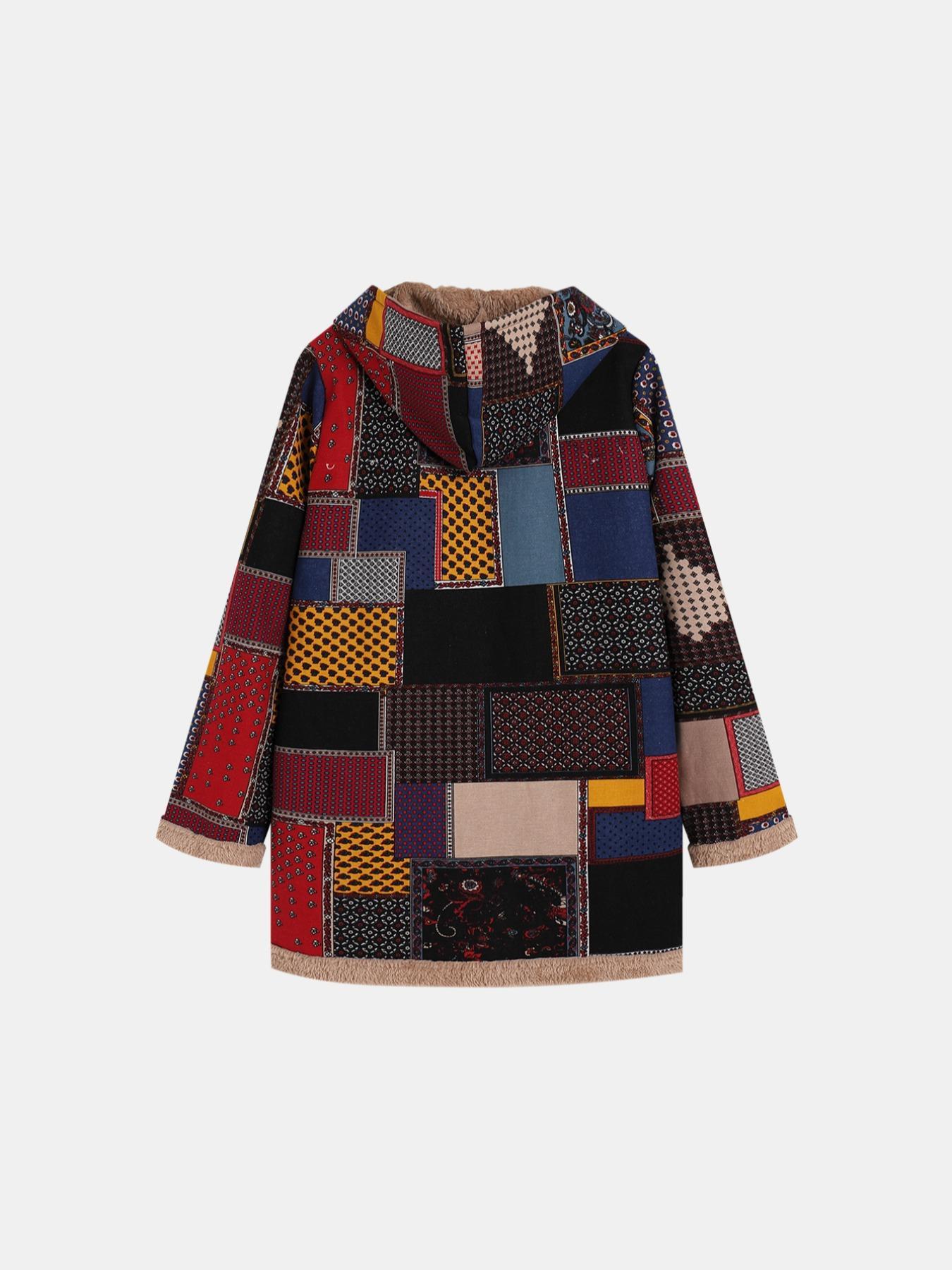 Women's Patchwork Ethnic Pattern Button Front Hooded Coat, Casual Long Sleeve Pocket Outerwear for Fall & Winter, Coats for Women, Ladies Clothes for Daily Wear