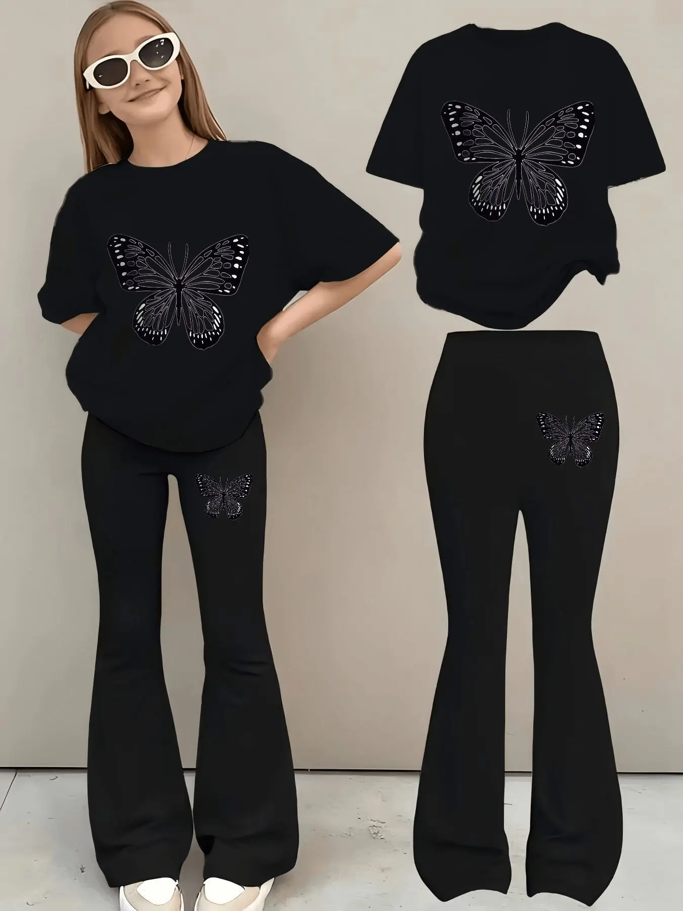 Y2K coquette teen casual soft breathable big black butterfly print loose white short sleeve tee and solid black high waist flare pants two piece set for teen girls school daily mall hangout spring summer street ootd, Clothes
