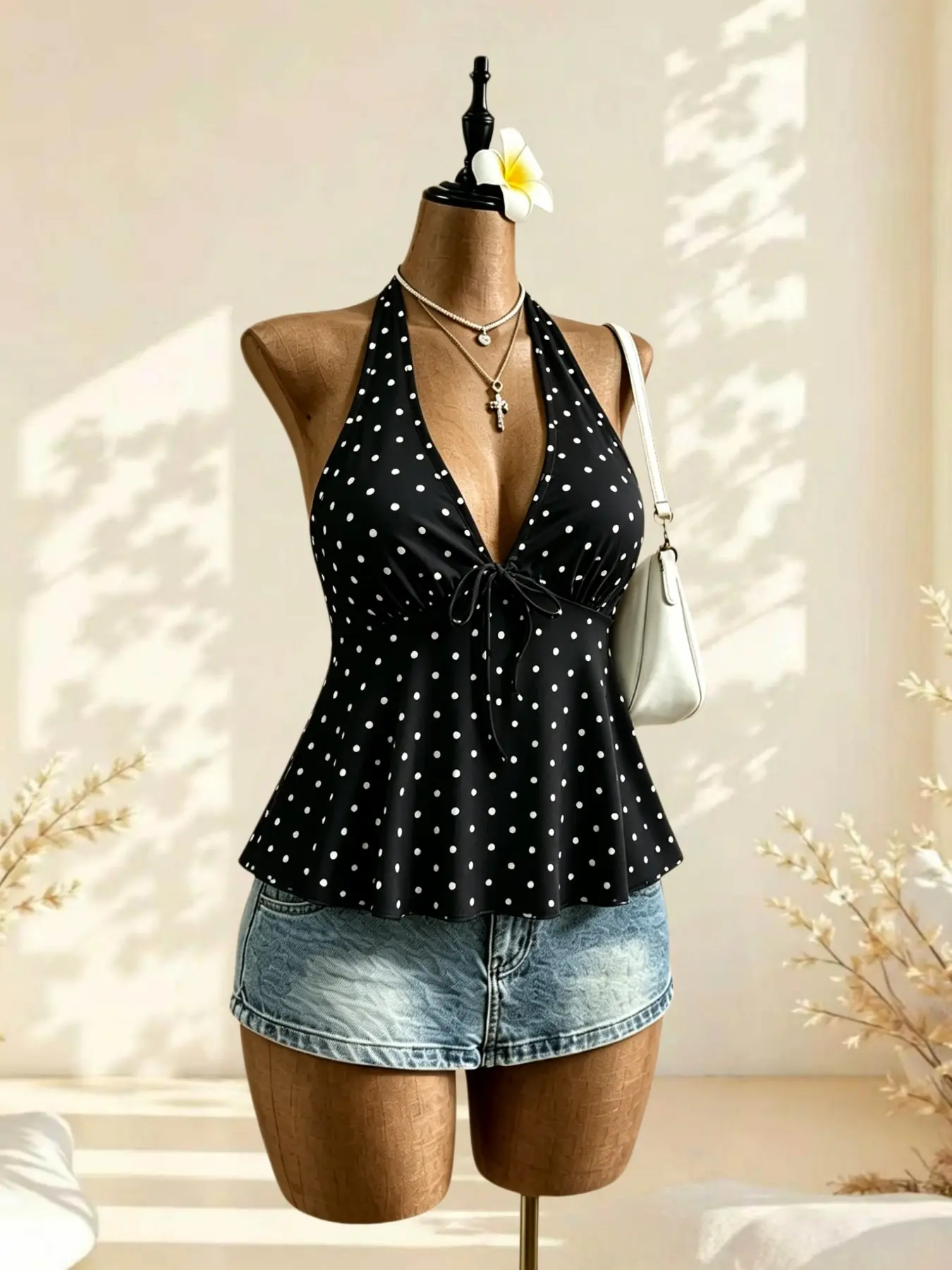 Vintage Pure Desire Summer Polka Dot Deep V Neck Halter Top, Waist Cinch Slimming Fit Vacation Casual Women's Sleeveless Shirt
