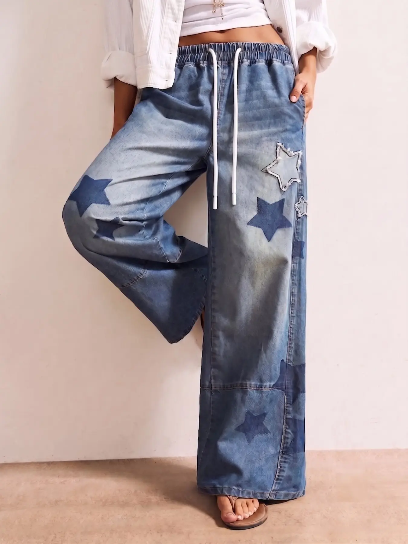 Women's Vintage Washed Denim Wide Leg Pants, Elastic Waist Star Patch Embroidery Drawstring Jeans, Comfortable and Stylish