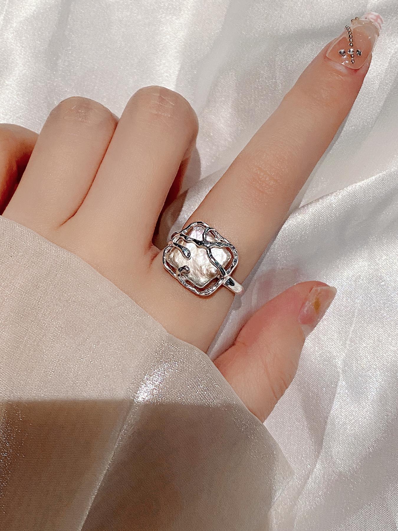 S925 Sterling Silver Fashion Vintage Square Shaped Baroque Pearls Ring, Elegant Everyday Ring, Elegant Jewelry for Women, Trendy All-match & Exquisite Jewelry for Birthday Gift, Vintage Rings Jewelry