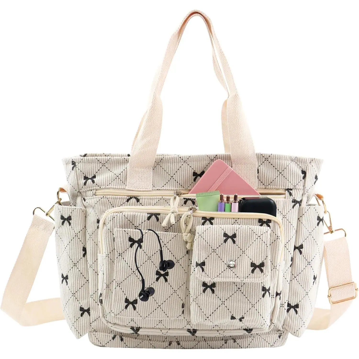 Strawberry Corduroy Tote Bag, Multi-Pocket Crossbody Purse | Features Large Capacity for Laptops.  for  School, Work, and Travel. Includes Adjustable Strap for Teen Girls