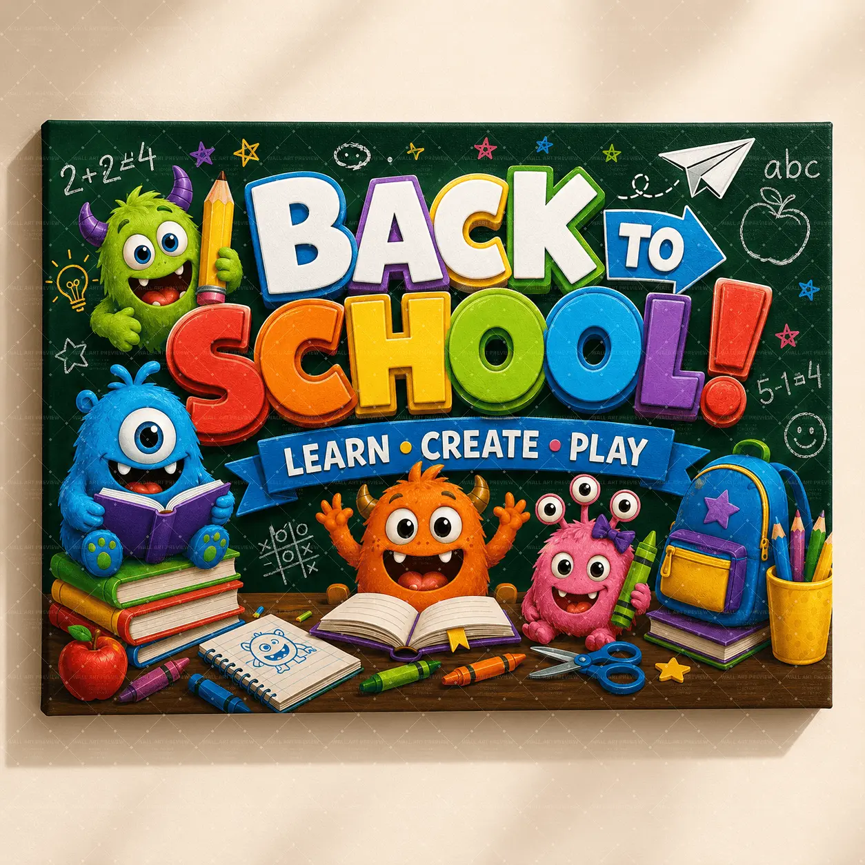 "Back to School Monster Crew" Canvas Wall Art, Playful "Learn Create Play" Kids Print, Aesthetic Classroom Bedroom Decor, Whimsical Educational Modern Statement Poster Gift,wall decor,poster.