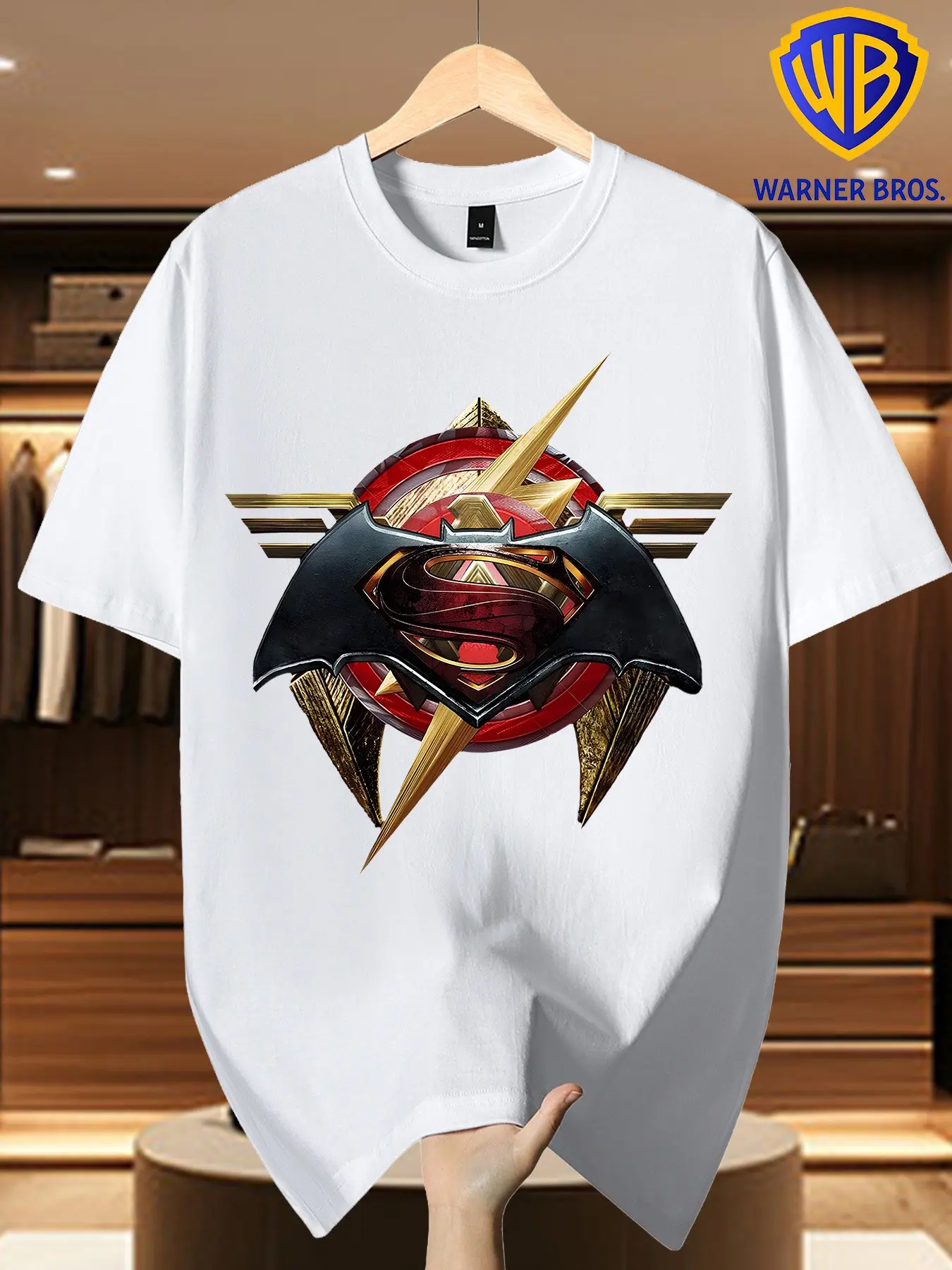 Warner Bros Men's Three Heroes Metal Badge Print T-Shirt, Batman Superman Wonder Woman Flash Pattern, Casual Loose-Fit Long Sleeve Top