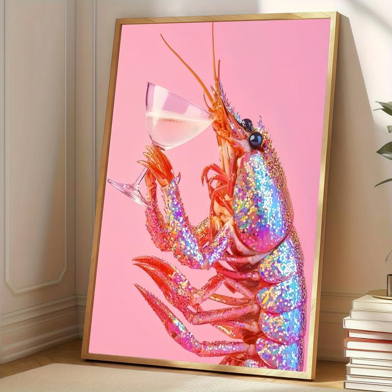 2D Flat, 2D Flat, A Vibrant Canvas Poster Featuring a Crayfish And Champagne, Perfect for Modern Wall Decor in Various Spaces Such As Your Home, Bedroom, Living Room, Kitchen, Bathroom, Or Office