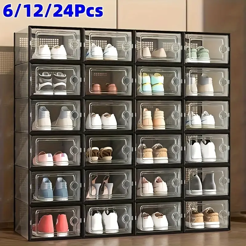 6/15/24pcs thickened transparent shoe box with lid, foldable and stackable shoe rack for free combination, plastic sneaker container, space-saving storage, Clear Plastic Organizers