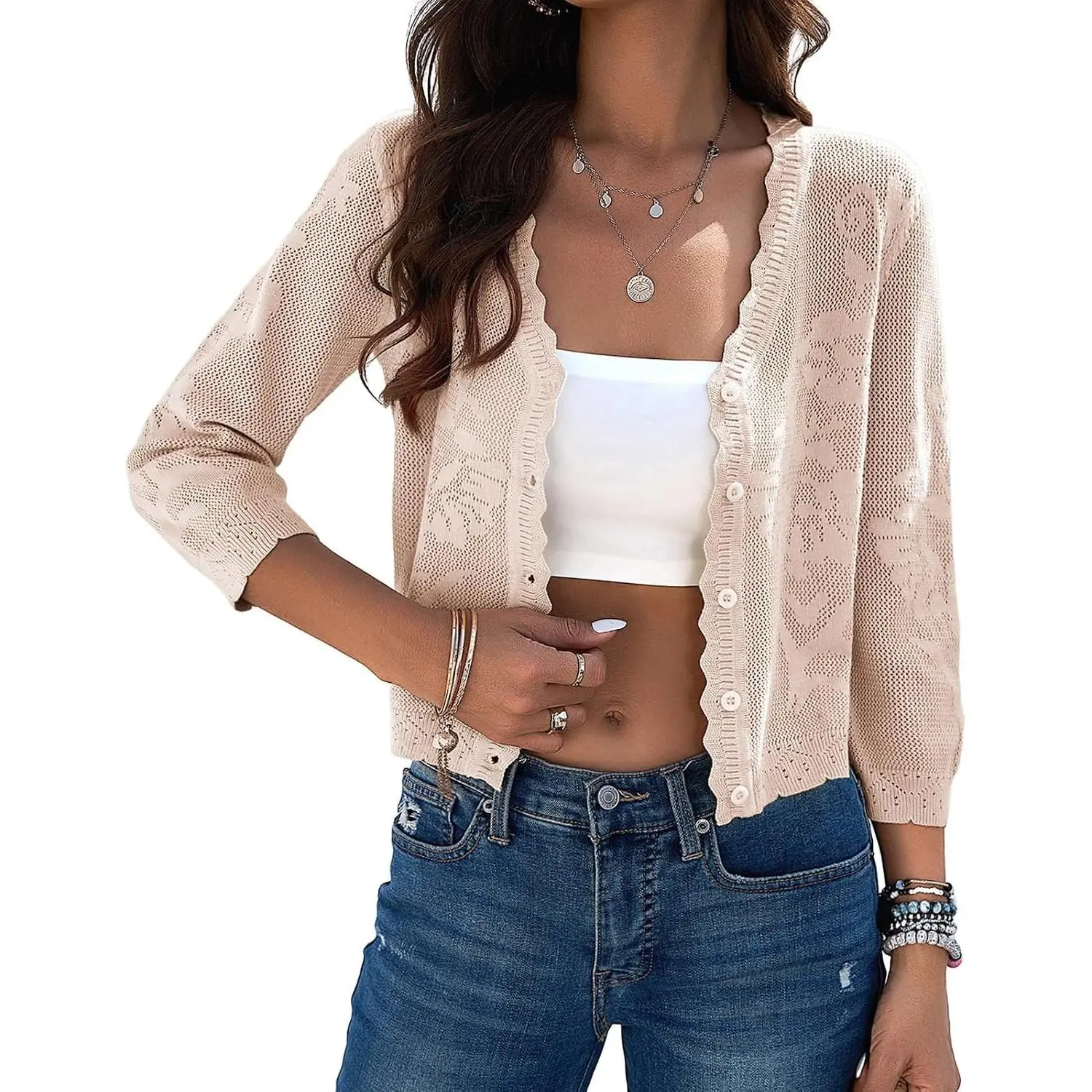 Women's Lightweight Cropped 3/4 Sleeve Button-Up Crochet Cardigan Shrug, Textured V-Neck Bolero for Dresses, Dressy Casual Eyelet Shawl Thin TrendyGift
