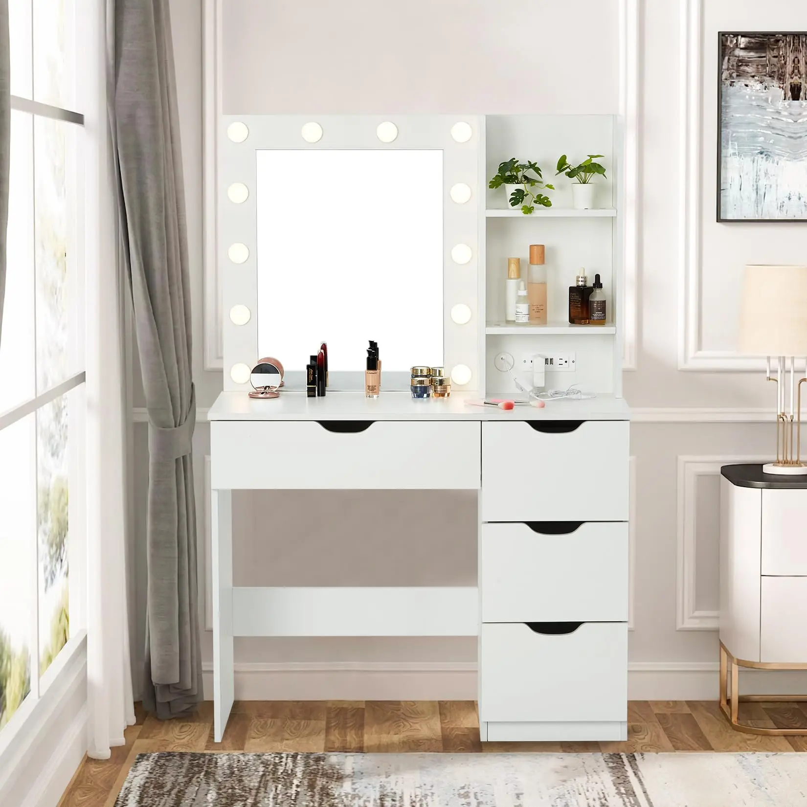 GARVEEMakeup Vanity with Illuminated Mirror, 4 Drawers, Electric Strip Lighting, 3 Light Colors, White Finish - Stylish and Functional Makeup Station