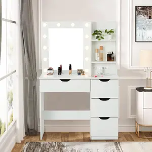 GARVEEMakeup Vanity with Illuminated Mirror, 4 Drawers, Electric Strip Lighting, 3 Light Colors, White Finish - Stylish and Functional Makeup Station