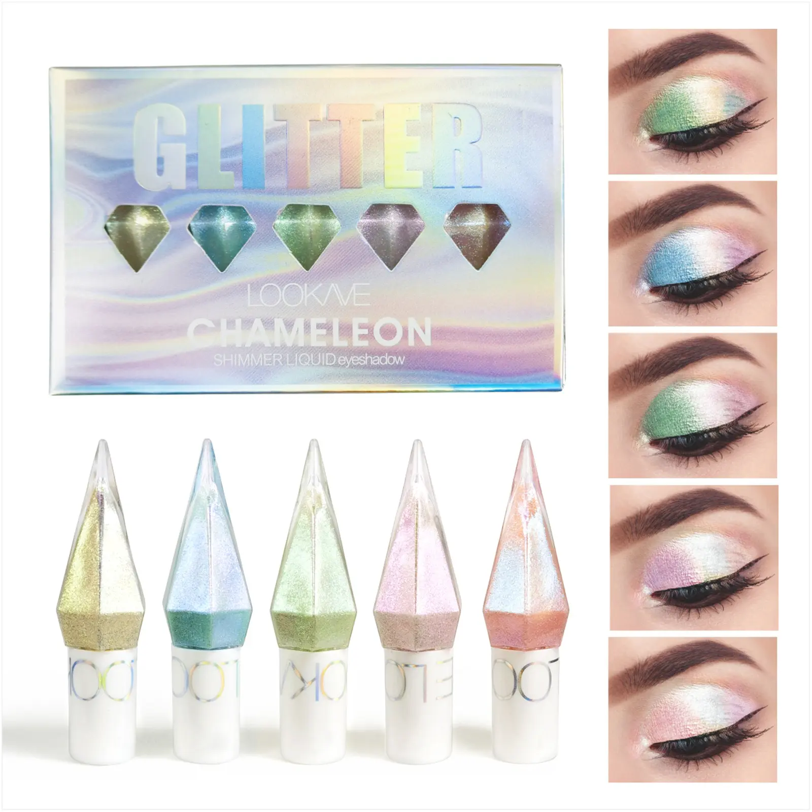 LOOKAVE 5 Colors Chameleon Liquid Glitter Eyeshadow Set, Multichrome Duochrome Color Shifting Metallic Shimmer Eye Shadow, Long Lasting Holographic Iridescent Liquid Eye Makeup for Party Festival Cosplay, Sparkly Shimmer Eyeshadow