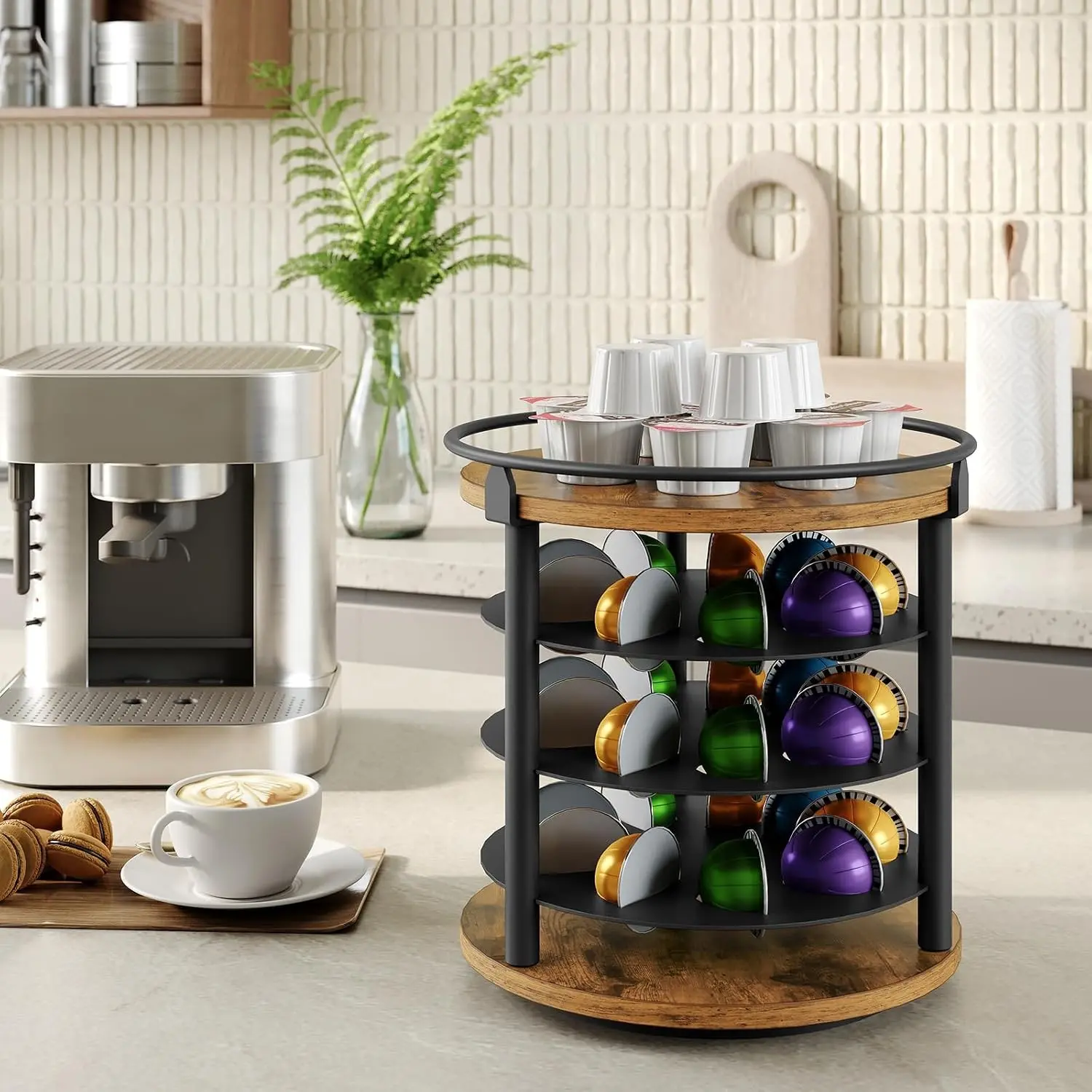 Coffee Pod Holder for K Cup, 4 Tier Holder for Vertuo, Coffee Pod Organizer for Countertop, Industrial Turntable Storage Rack for Nespresso Vertuo Pods, Space Saving, Rustic Brown KH03BR