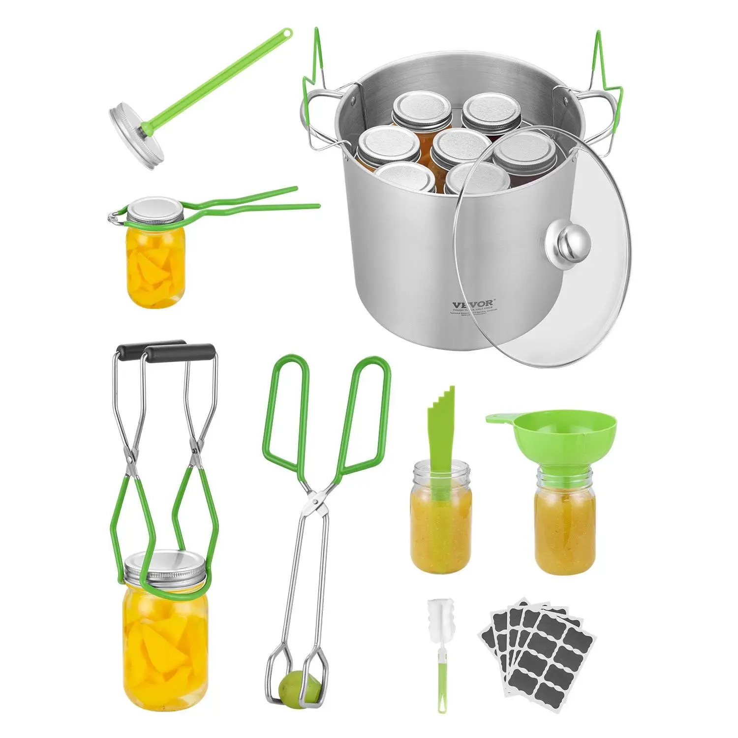 VEVOR 9-Piece Stainless Steel Water Bath Canning Kit - Home Preserving Starter Kit for Beginners, Kitchen Tool Set with Pot, Rack, Lid, Funnel, Tongs, Jar Lifter, Wrench, Magnetic Wand, Bubble Propper, Labels, Silicone Accessory for Fruit Processing