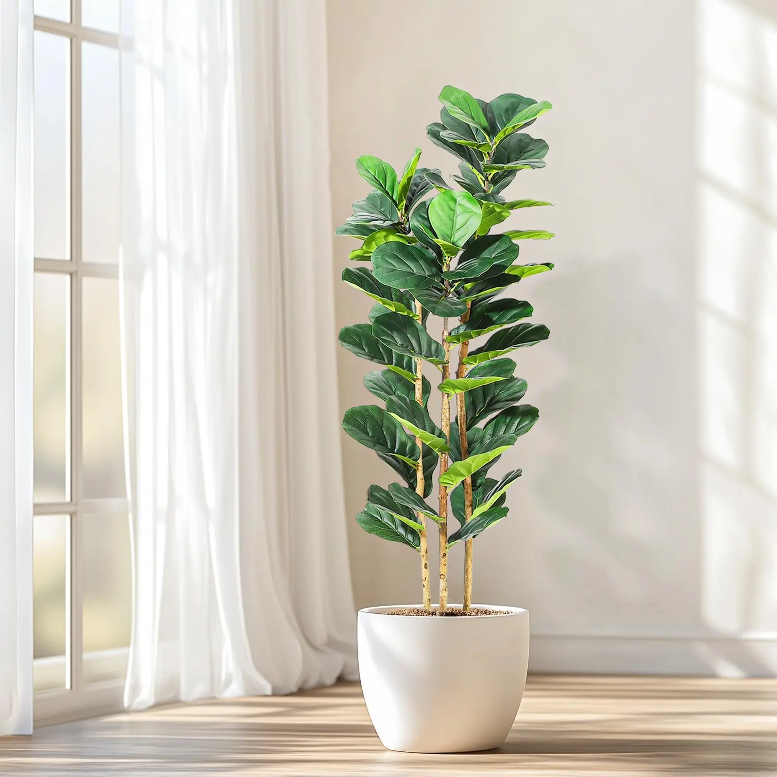 Large Artificial Fiddle Leaf Fig Tree 5ft-7ft, Faux Indoor Floor Plant in White Pot with Weighted Base, Realistic Fake Ficus Tree for Home Office Living Room Decor, Pet Safe & Zero Maintenance