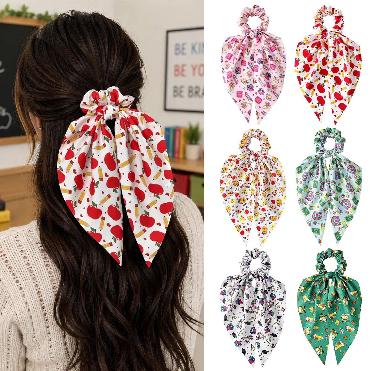 Teen Girls' 6PCS Satin Scarf Scrunchies - Back to School Graphic Print, 8cm Loop Diameter, 28cm Total Length Streamers, All Hair Type Fit for Messy Buns & Ponytail Holders, Dual-Purpose Design, Female, Daily, Campus Events, Everyday, Machine Wash, Great G