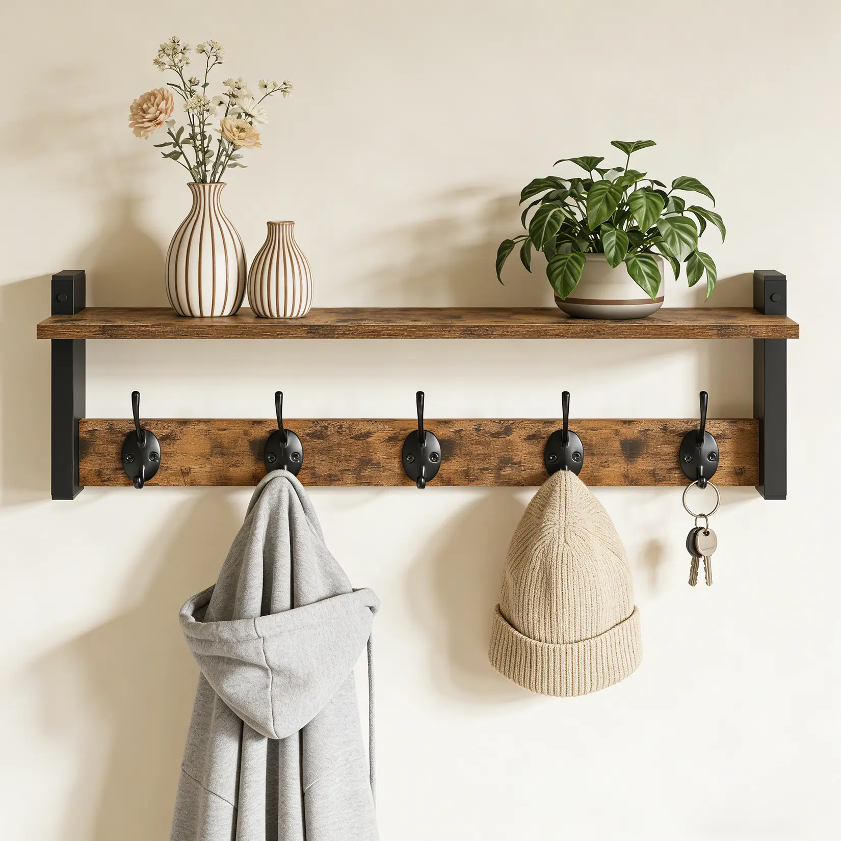 Wall Mounted Coat Rack with Storage Shelf – 5 Hook Rustic Wood & Metal Hanger – Entryway, Bathroom, Bedroom Organizer for Coats, Hats, Towels, Bags, Robes – Home Décor