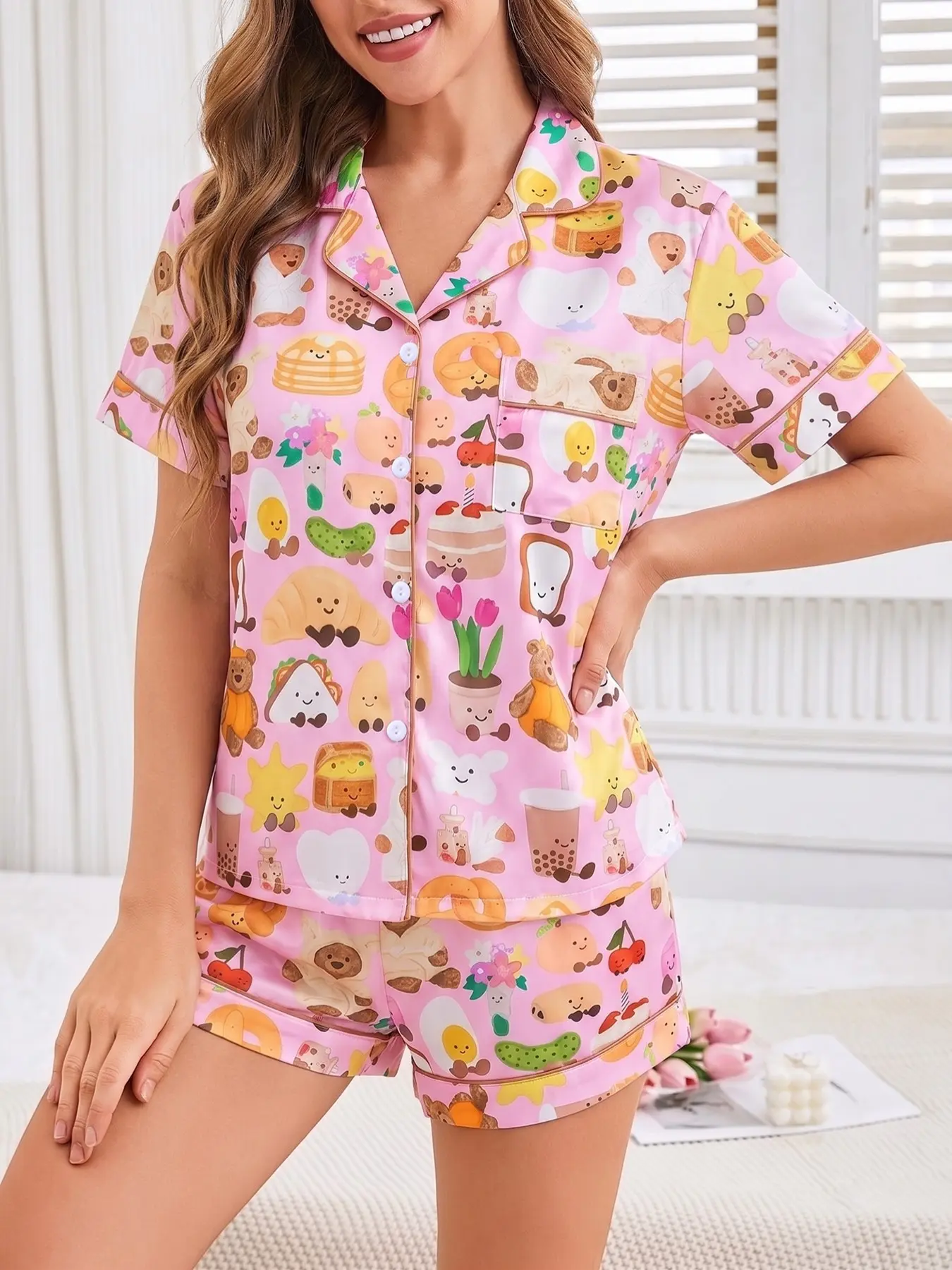 Women's 2-piece Cartoon Pajama Set, pink base with cute prints of bears, toast, croissants and milk tea, sweet soft style. Gold piping lapel top with pocket, soft elastic shorts, comfy casual women loungewear for daily all-season home wear